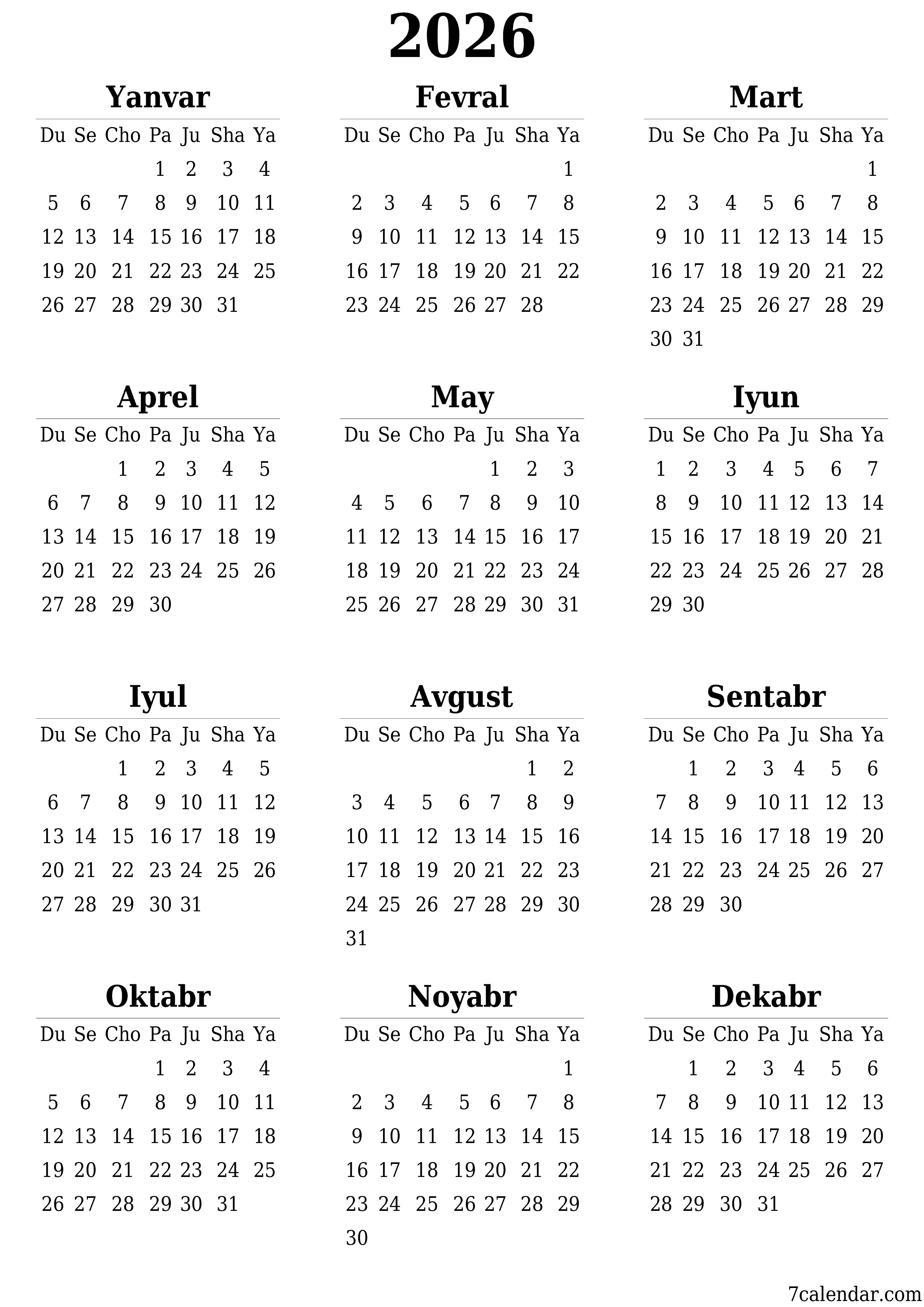 chop etiladigan devor taqvimi shabloni bepul vertikal Yillik kalendar Mart (Mar) 2026