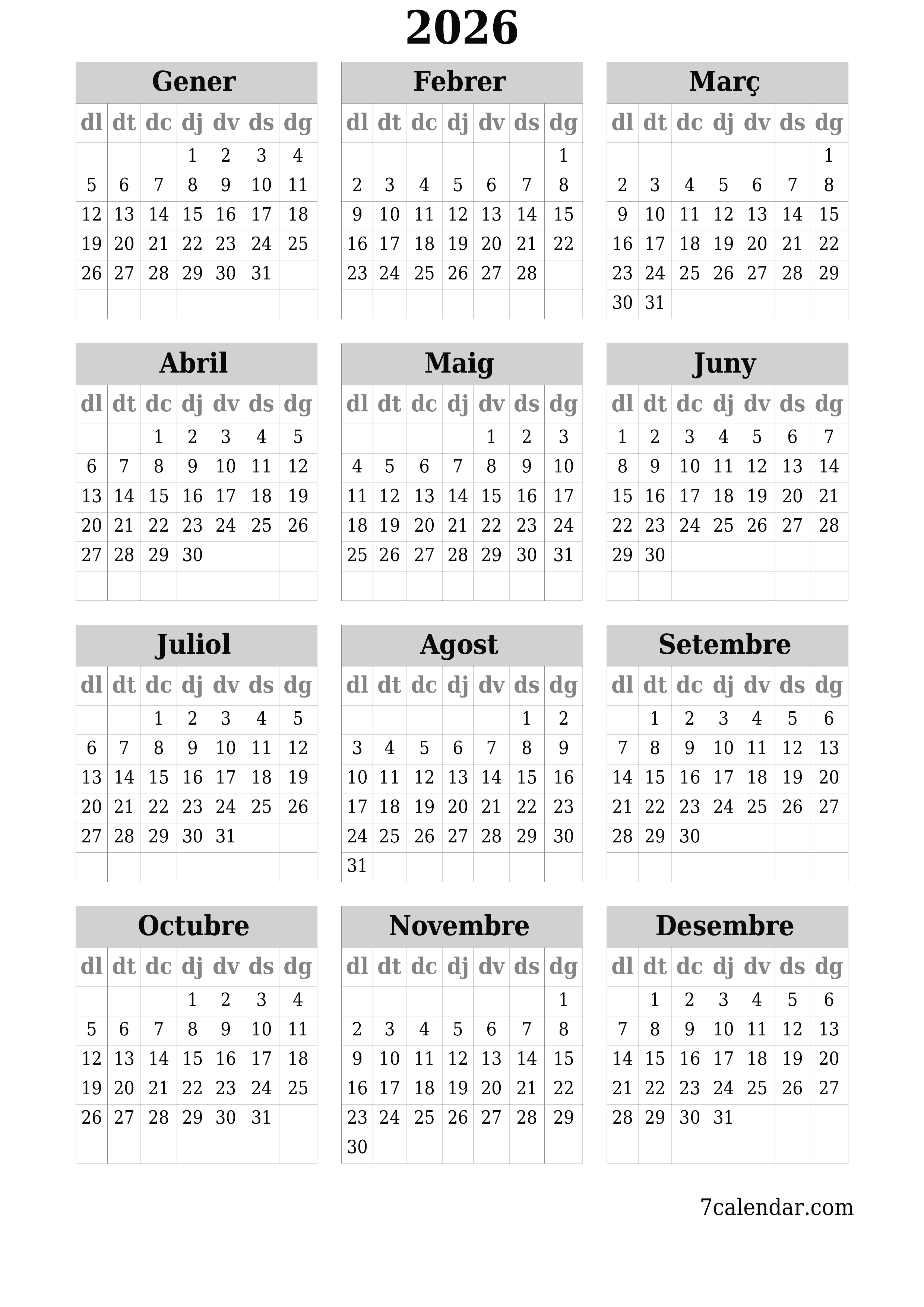  imprimible de paret plantilla de gratuïtvertical Anual calendari Febrer (Feb) 2026