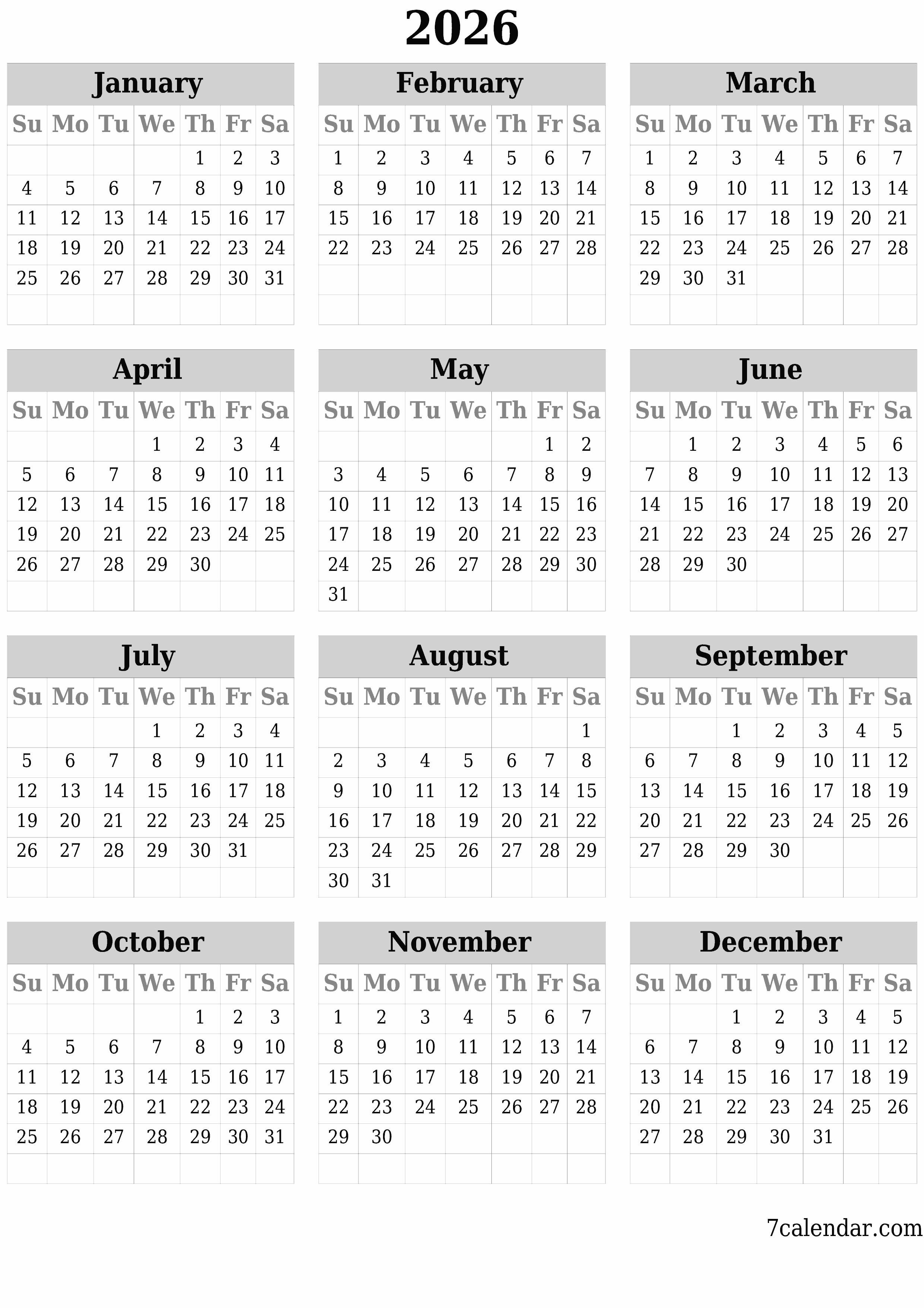 Blank calendar 2026
