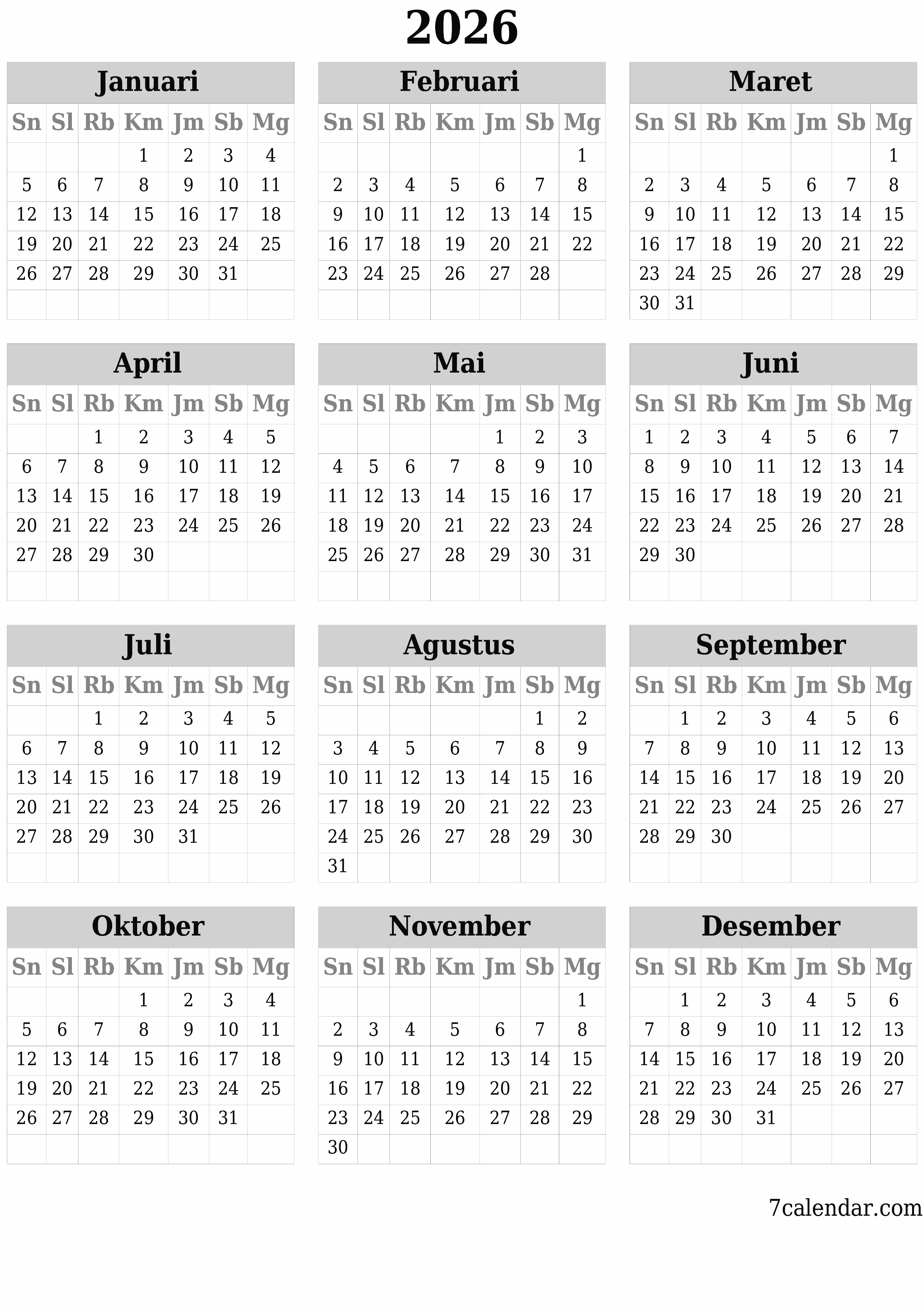  yang dapat dicetak dinding templat gratisvertikal Tahunan kalender Februari (Feb) 2026