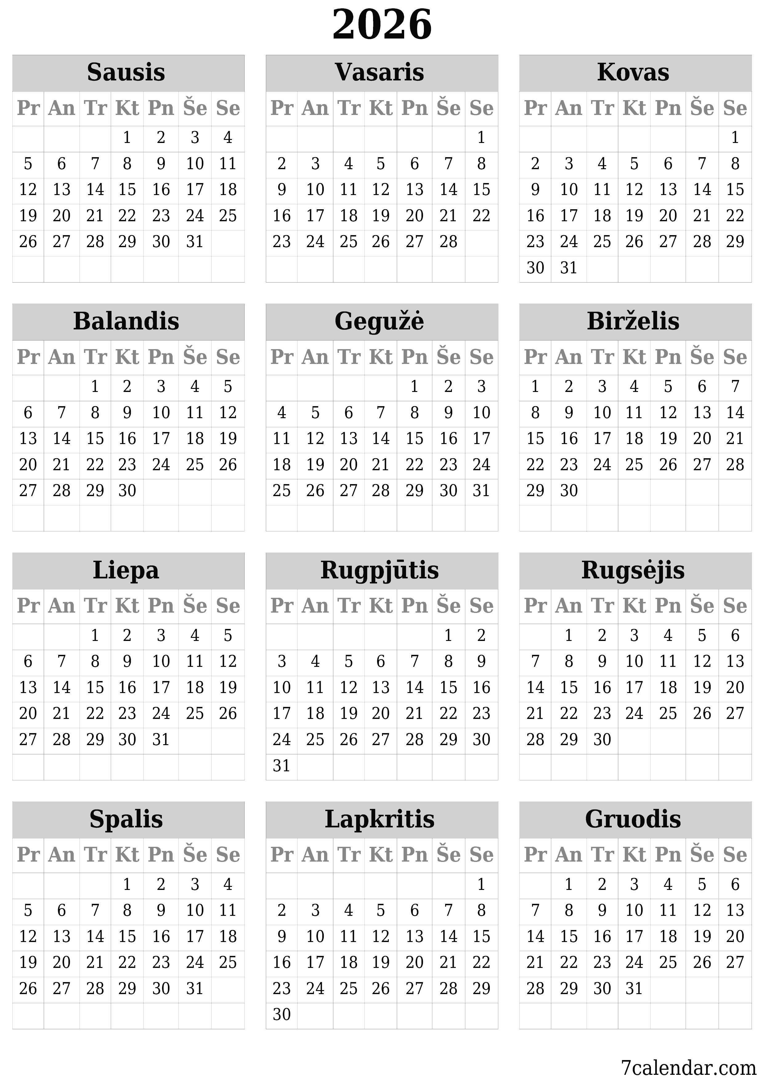 spausdinamas sieninis kalendoriaus šabloną nemokamas vertikaliai Kasmet kalendorius Vasaris (Vas) 2026