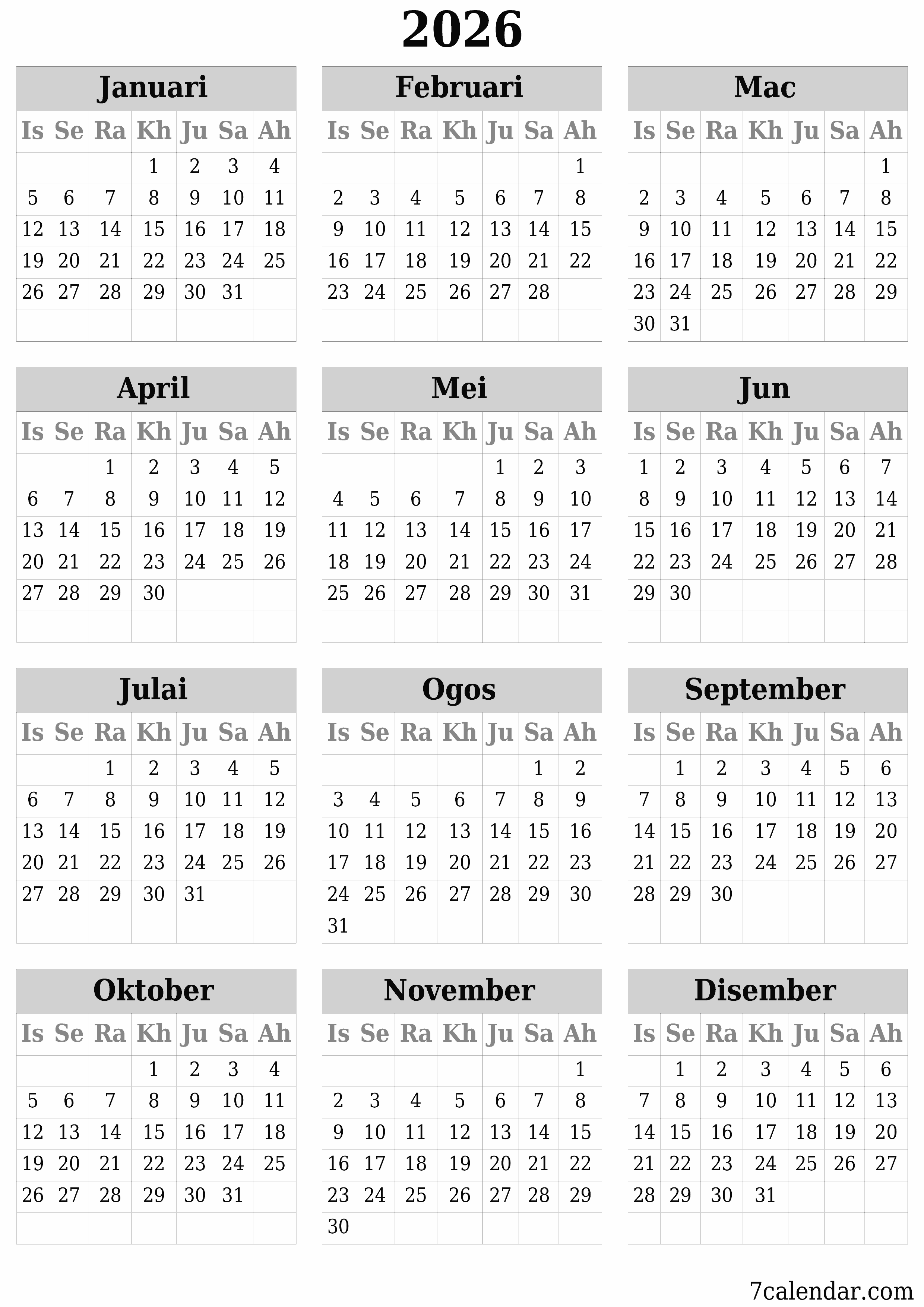 Kalendar perancang tahunan kosong untuk tahun ini 2026 dengan nota, simpan dan cetak ke PDF PNG Malay
