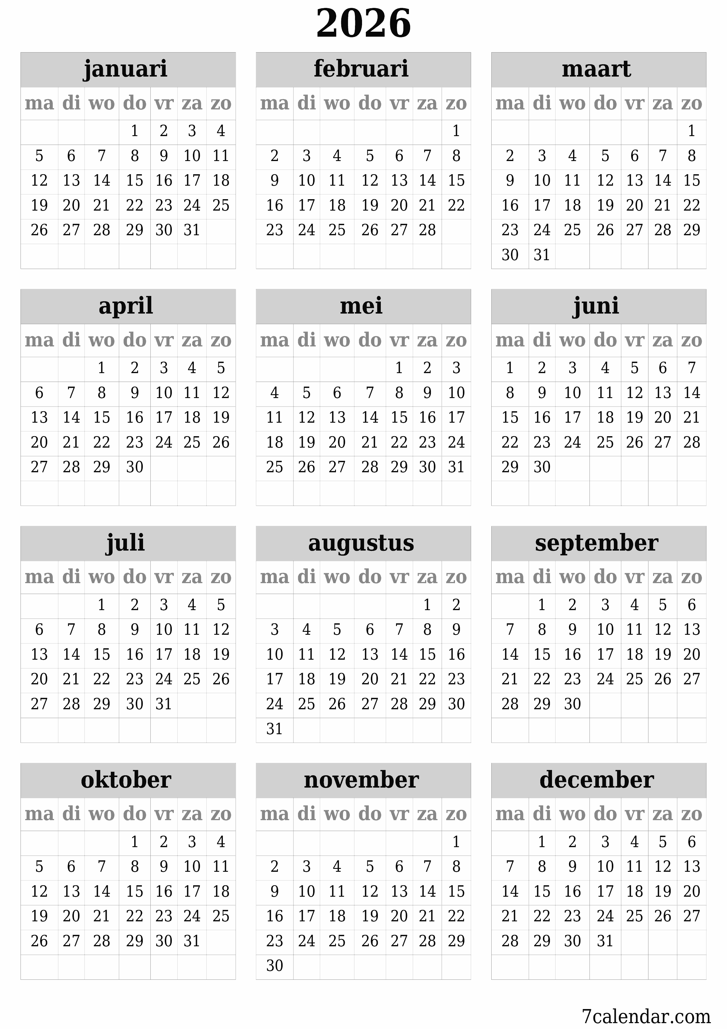 Lege jaarplanningskalender voor het jaar 2026 met notities, opslaan en afdrukken naar pdf PNG Dutch