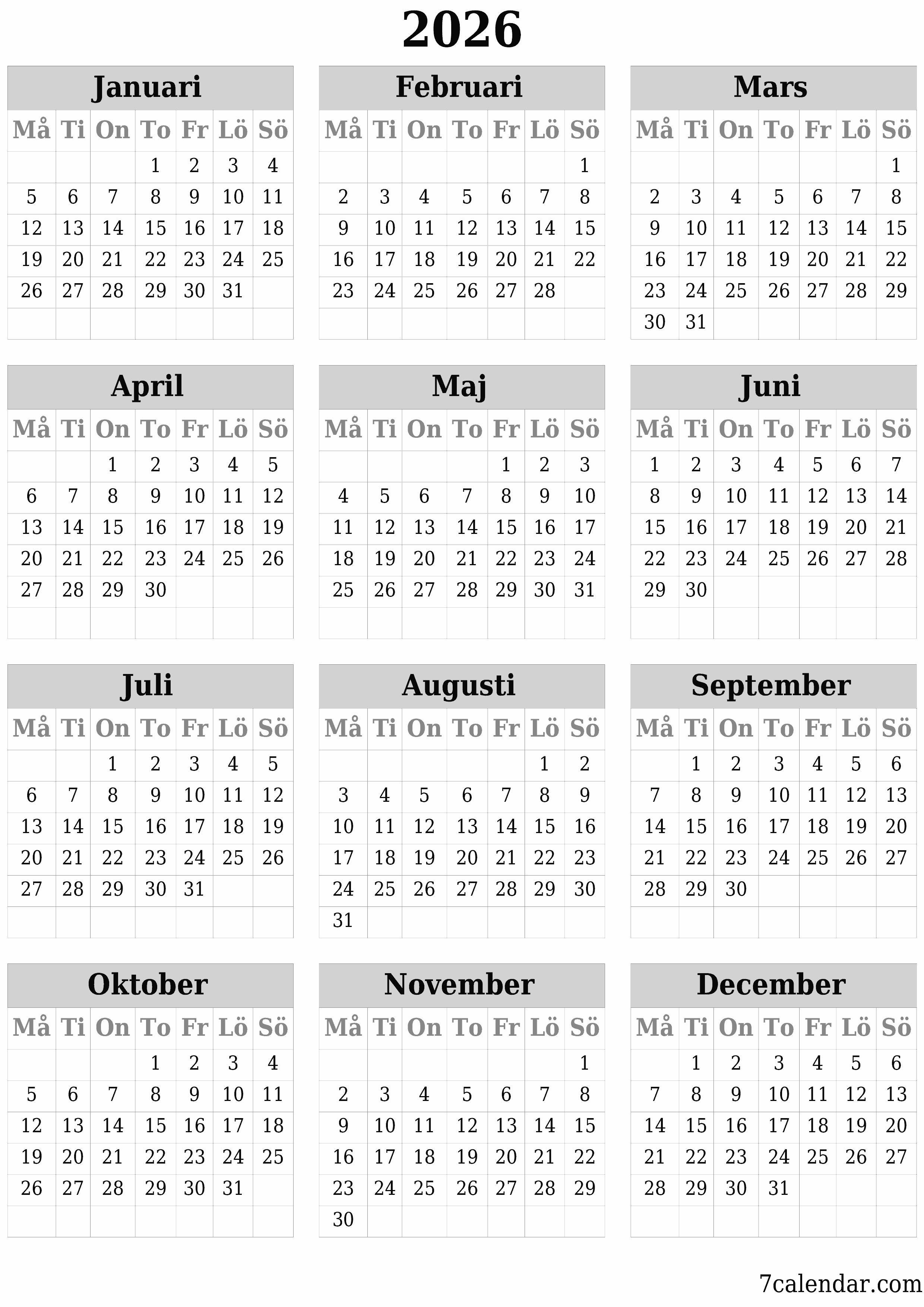 Tom årlig planeringskalender för året 2026 med anteckningar, spara och skriv ut till PDF PNG Swedish