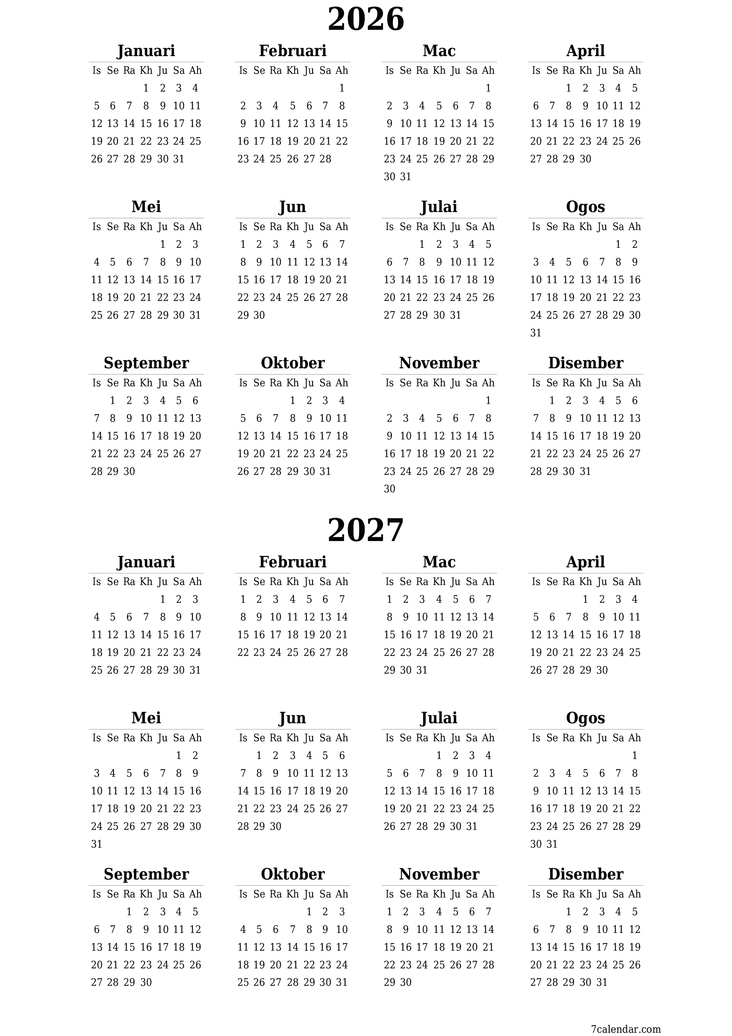 Kalendar perancang tahunan kosong untuk tahun ini 2026, 2027 dengan nota, simpan dan cetak ke PDF PNG Malay