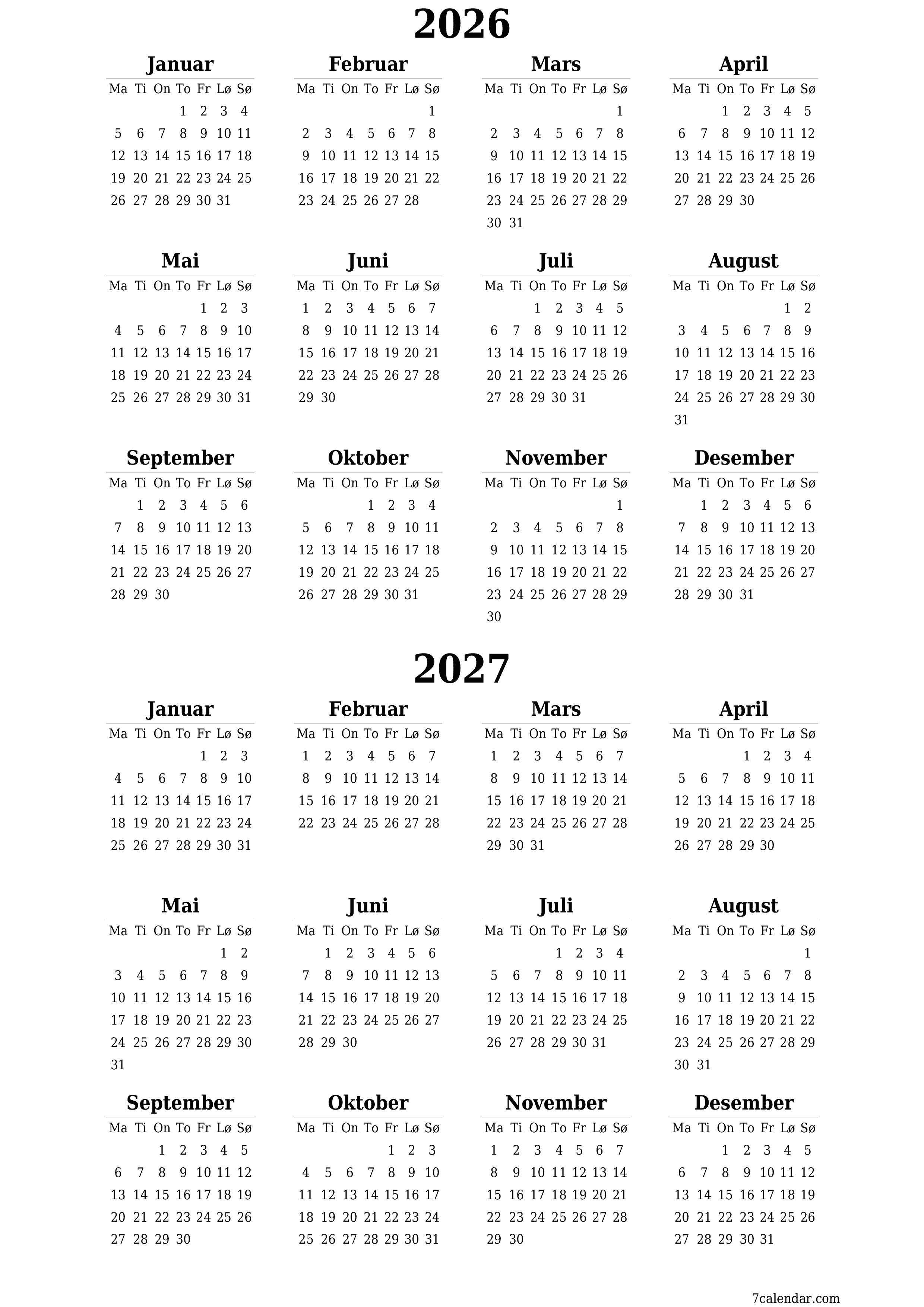 Tom årlig planleggerkalender for året 2026, 2027 med notater, lagre og skrive ut i PDF PNG Norwegian