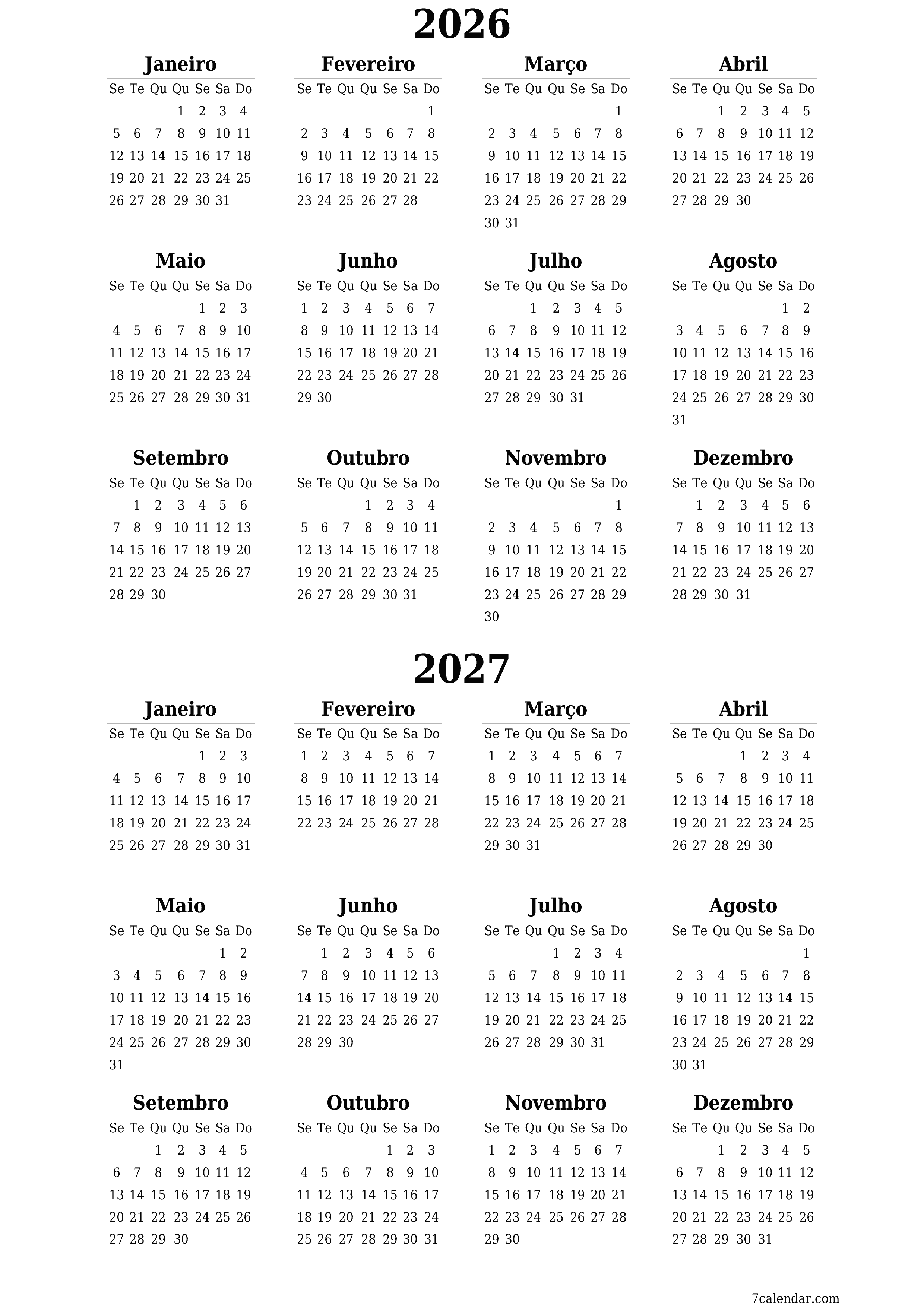 Calendário de planejador anual vazio para o ano 2026, 2027 com notas, salve e imprima em PDF PNG Portuguese