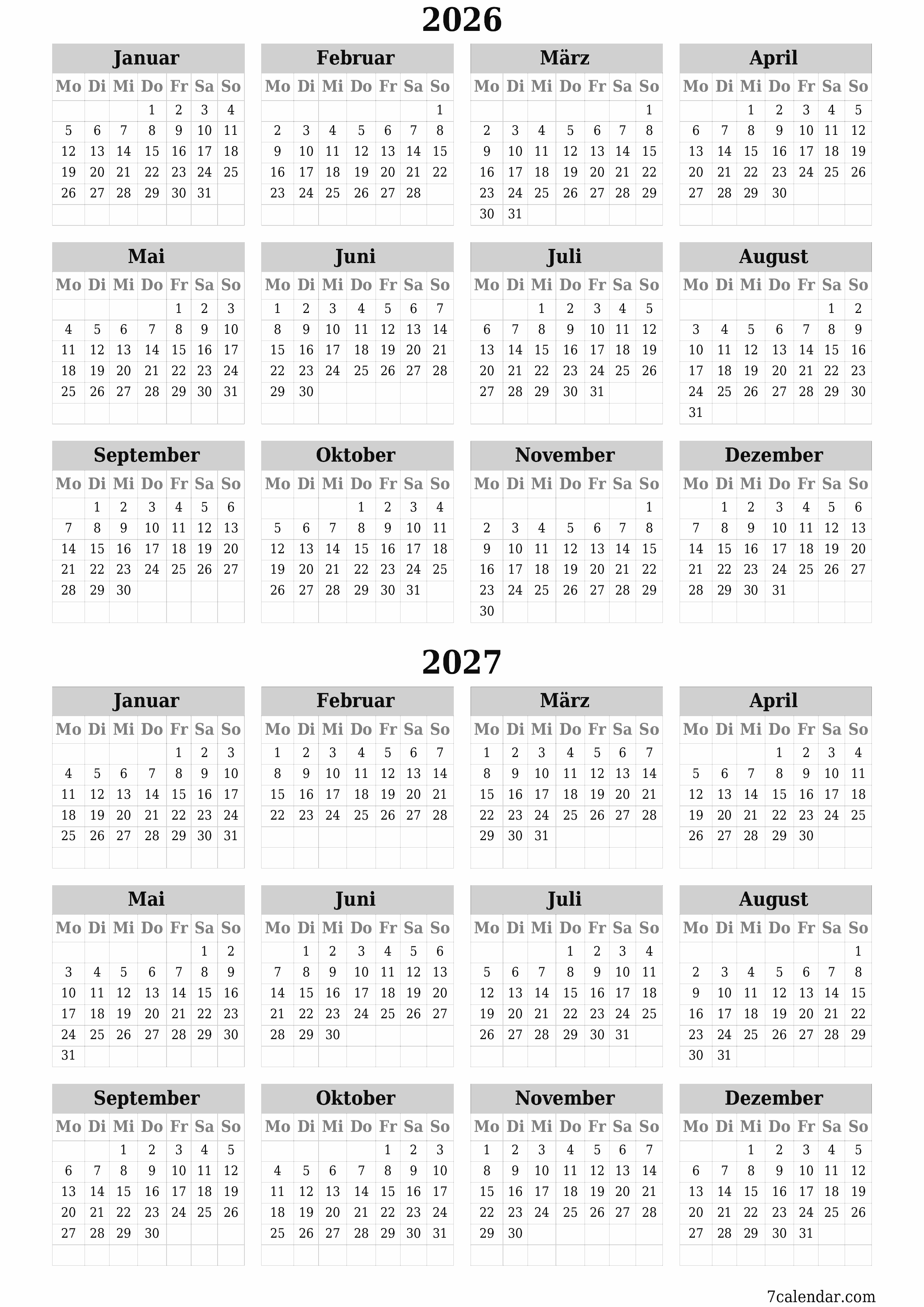Jahresplanerkalender für das Jahr 2026, 2027 mit Notizen leeren, speichern und als PDF PNG German - 7calendar.com drucken