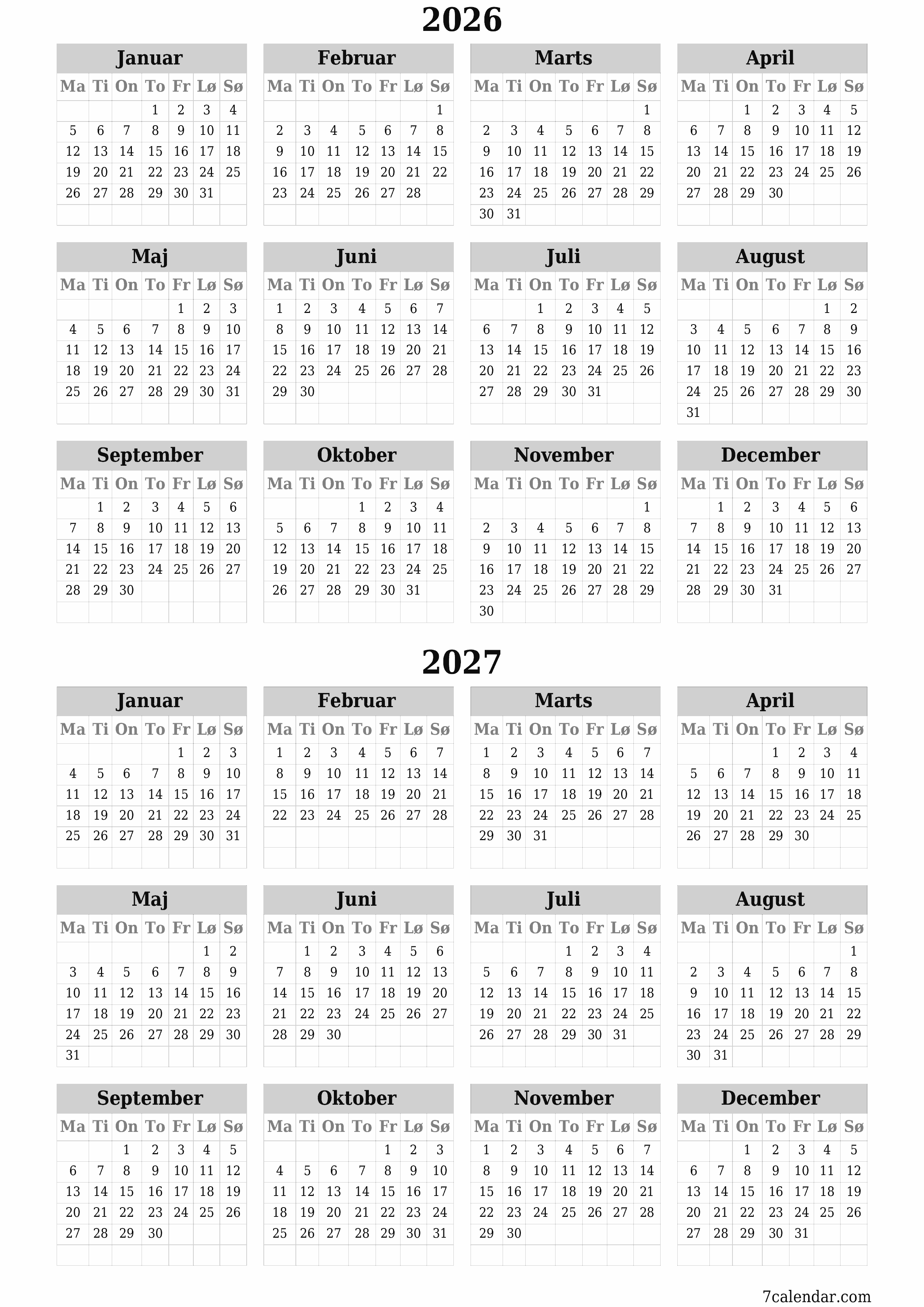 Tom årlig planlægningskalender for året 2026, 2027 med noter, gem og udskriv til PDF PNG Danish
