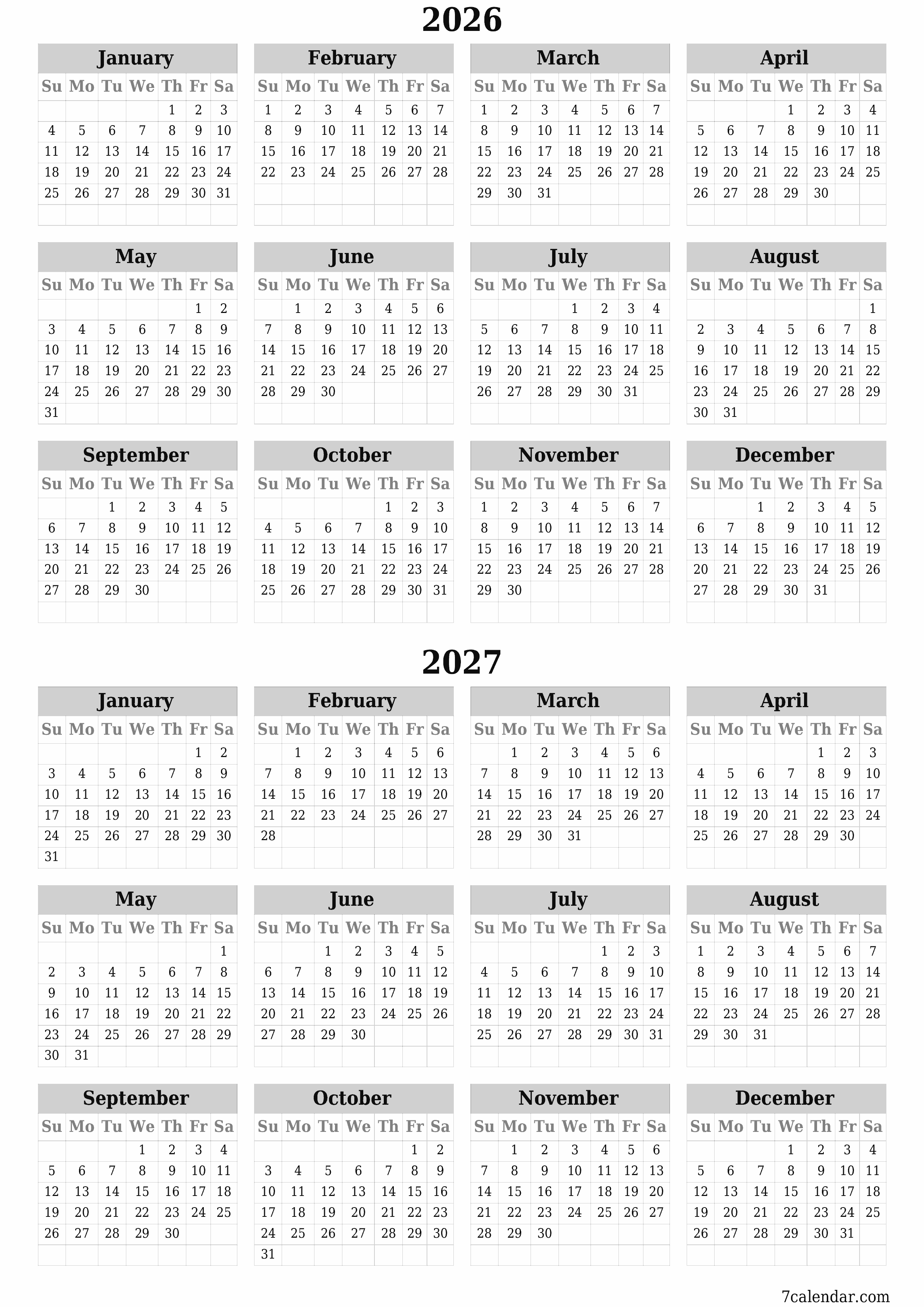 printable wall template free vertical Yearly calendar September (Sep) 2026