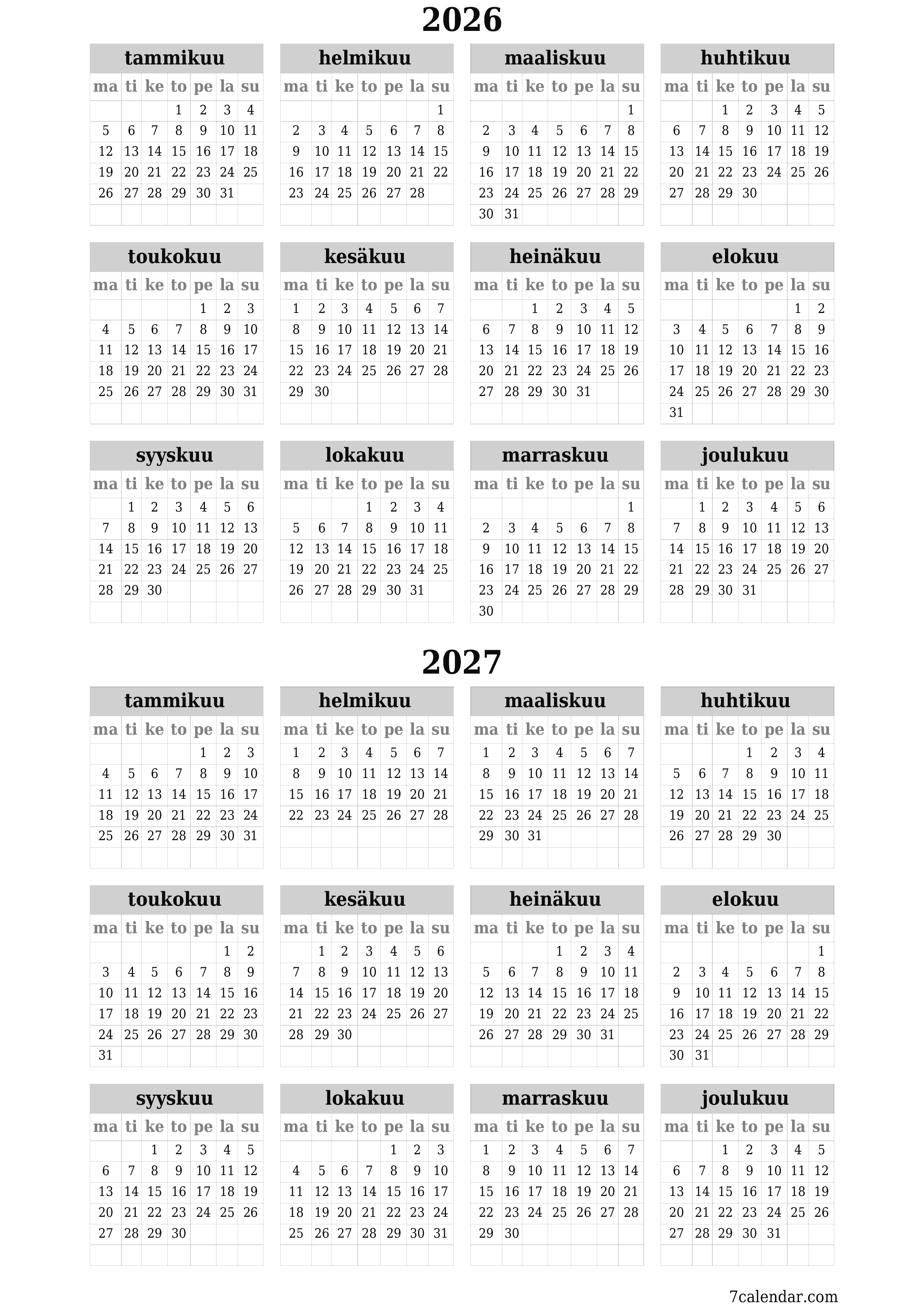 tulostettava seinä n malli ilmainen pystysuora Vuosittain kalenteri kesäkuu (kesä) 2026