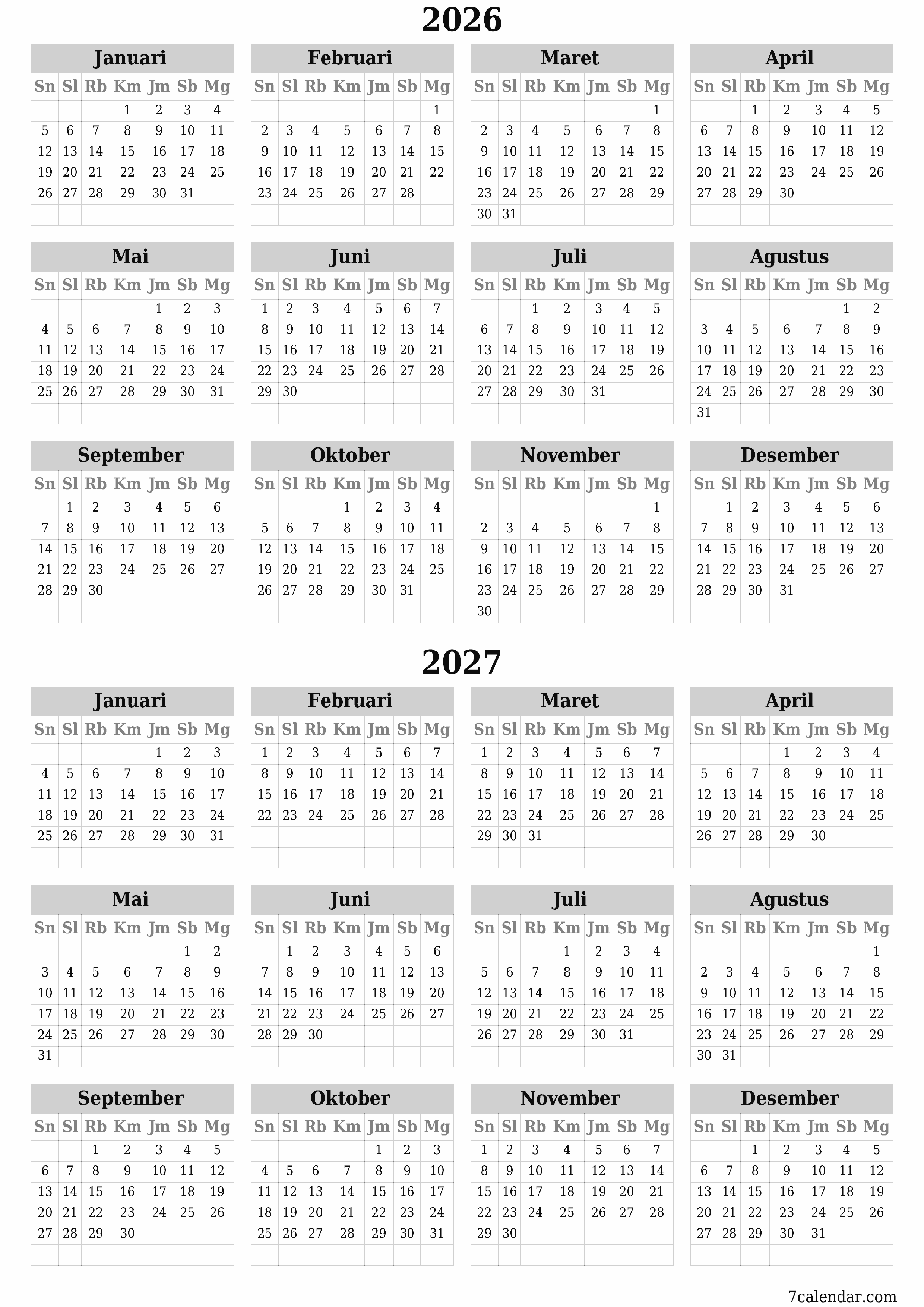 Kosongkan kalender perencana tahunan untuk tahun ini 2026, 2027 dengan catatan, simpan dan cetak ke PDF PNG Indonesian