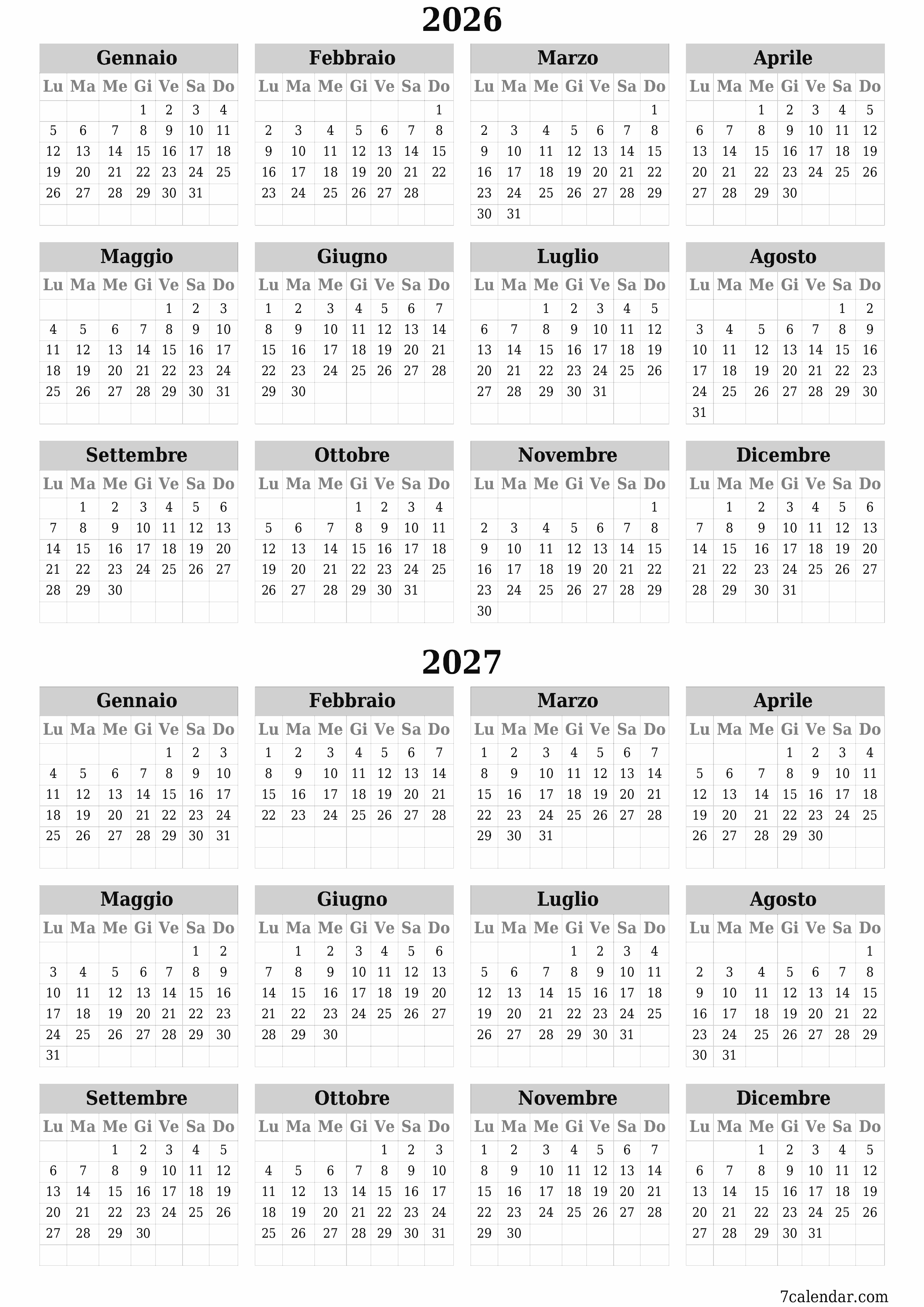Calendario pianificatore annuale vuoto per l'anno 2026, 2027 con note, salva e stampa in PDF PNG Italian