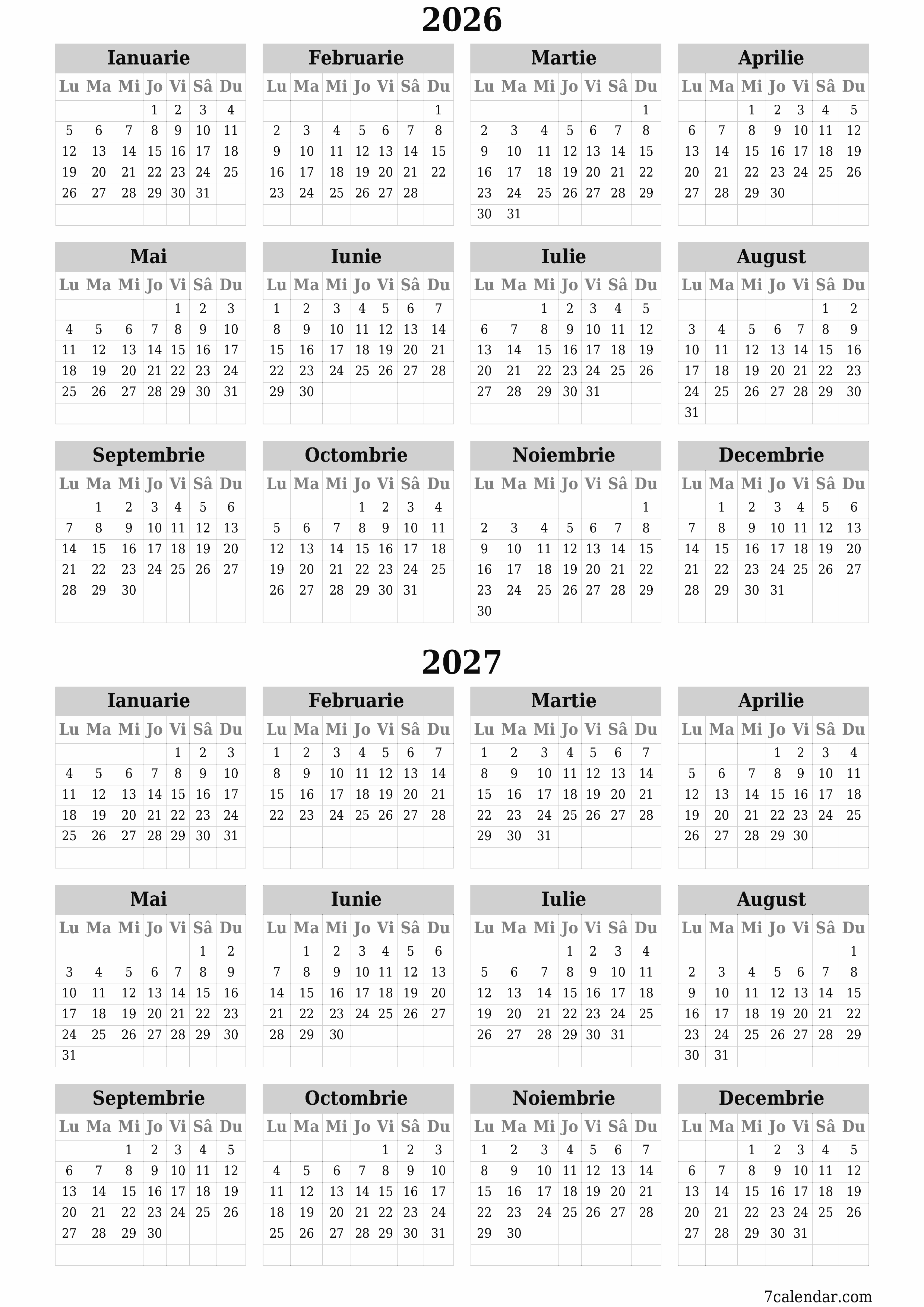 Goliți calendarul anual al planificatorului pentru anul 2026, 2027 cu note, salvați și tipăriți în PDF PNG Romanian