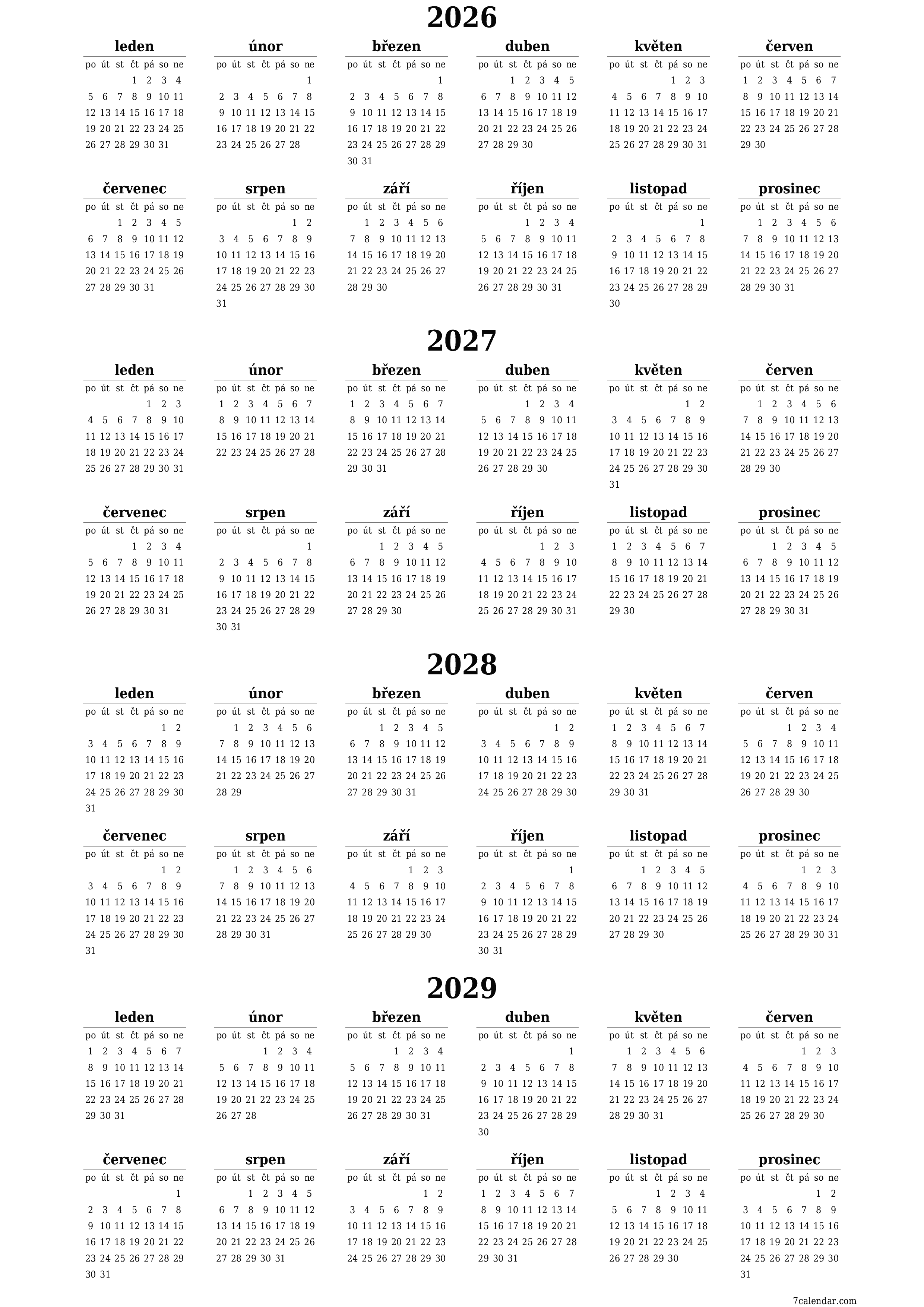 Prázdný roční kalendář plánovače pro rok 2026, 2027, 2028, 2029 s poznámkami, uložením a tiskem do PDF PNG Czech