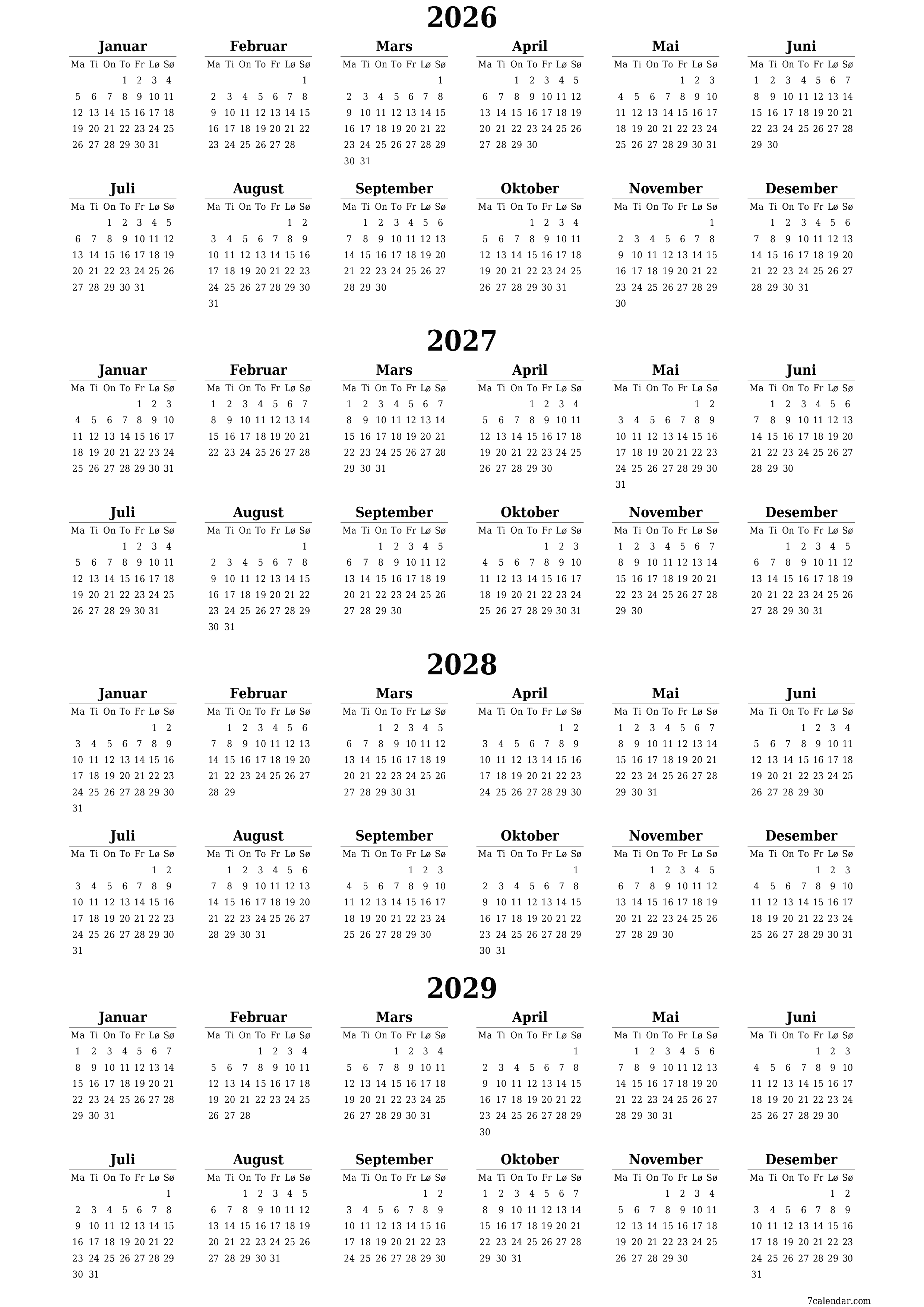 Tom årlig planleggerkalender for året 2026, 2027, 2028, 2029 med notater, lagre og skrive ut i PDF PNG Norwegian