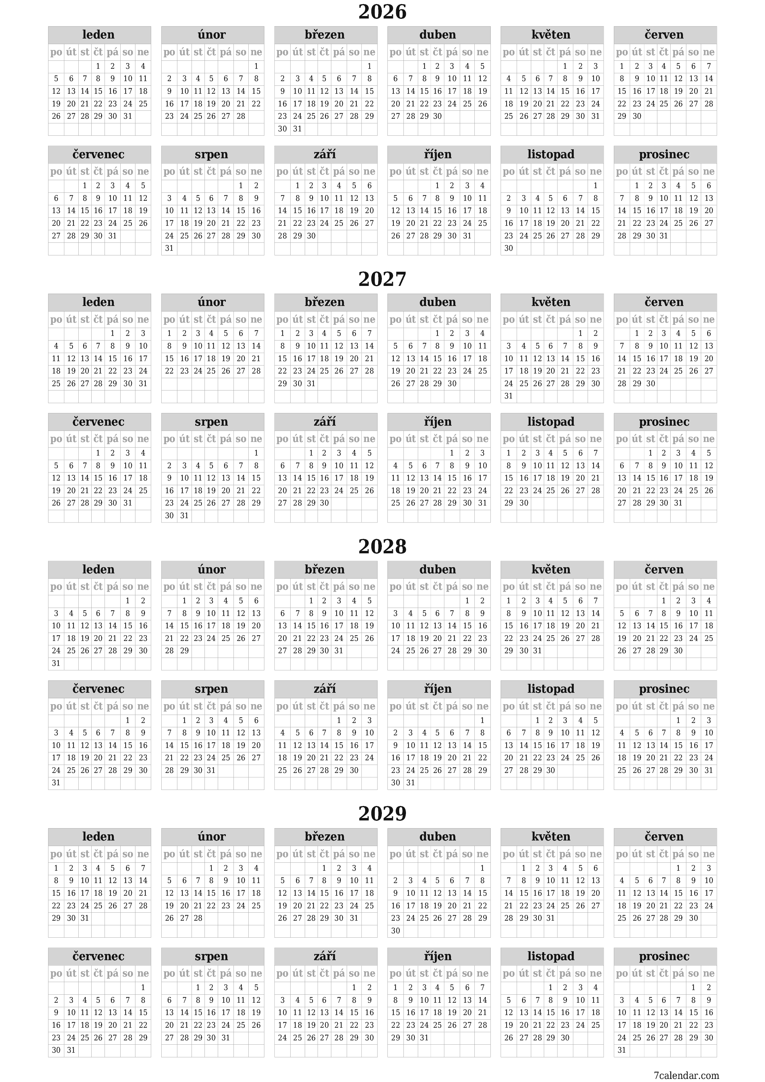 Prázdný roční kalendář plánovače pro rok 2026, 2027, 2028, 2029 s poznámkami, uložením a tiskem do PDF PNG Czech
