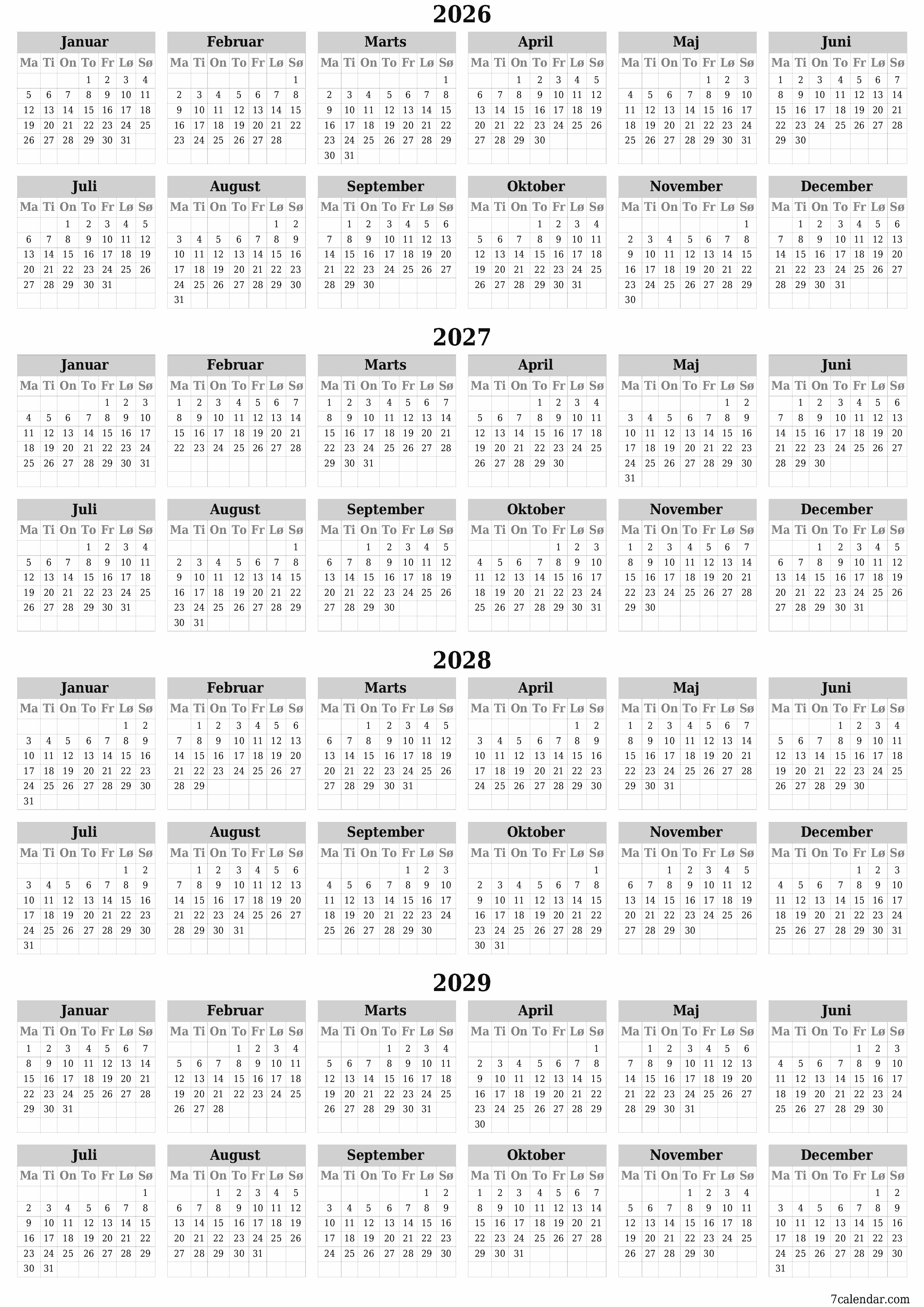 Tom årlig planlægningskalender for året 2026, 2027, 2028, 2029 med noter, gem og udskriv til PDF PNG Danish