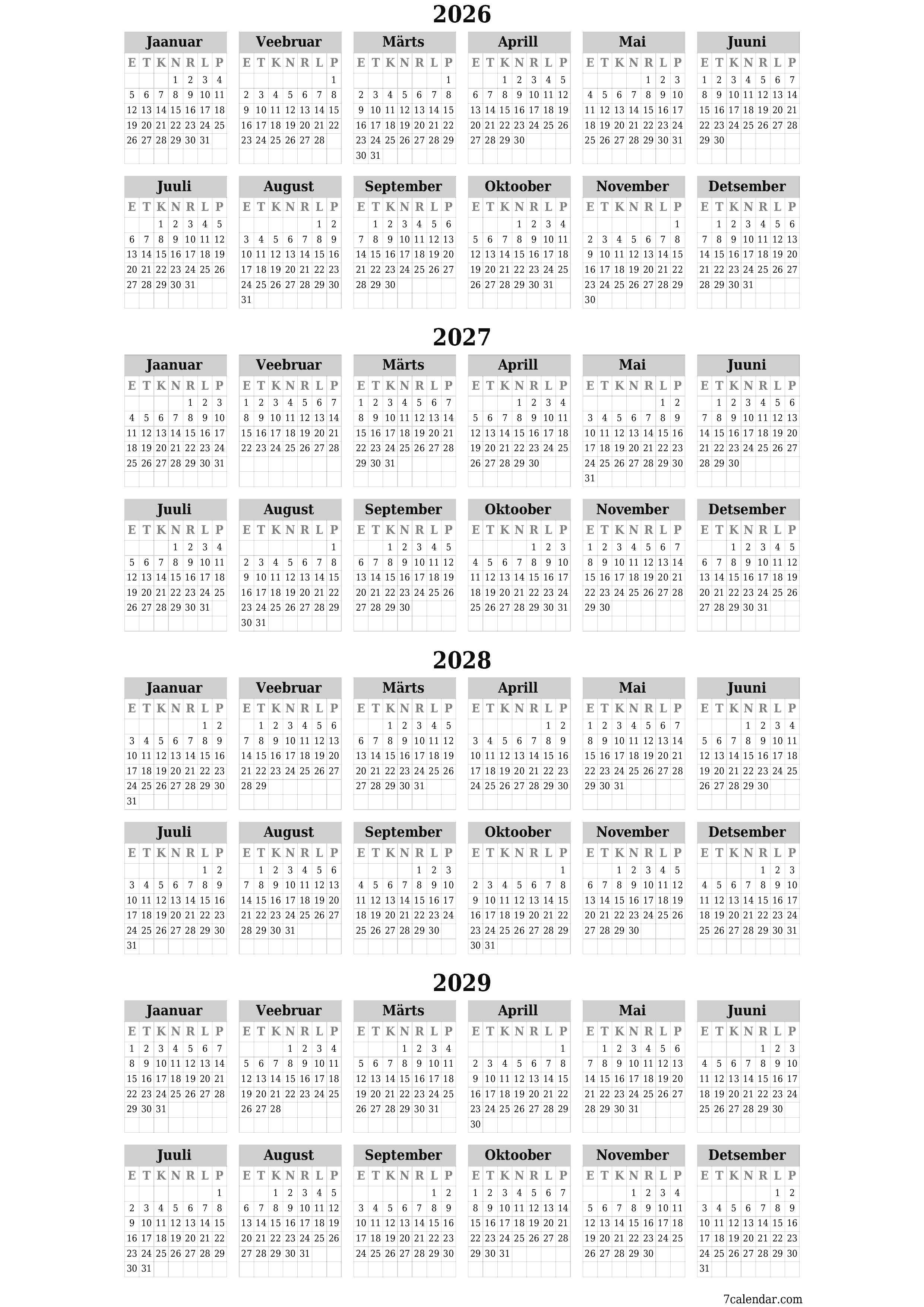 Tühi aasta planeerija kalender aastaks 2026, 2027, 2028, 2029 koos märkmetega, salvestage ja printige PDF-i PNG Estonian