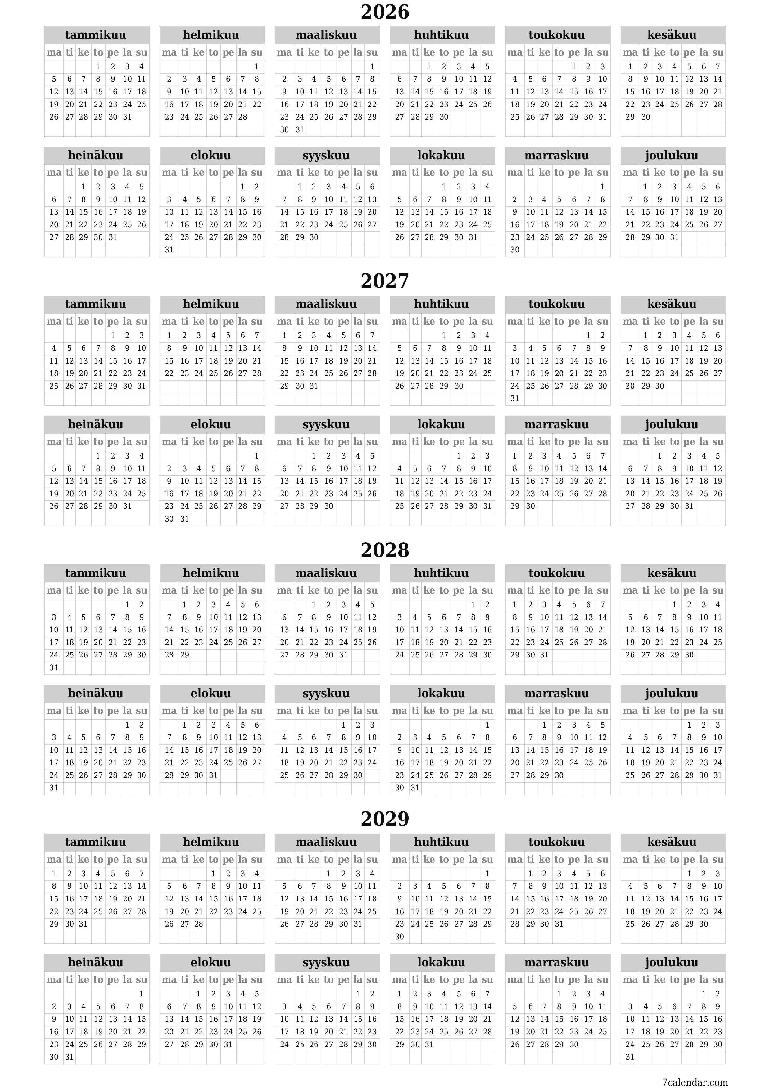 tulostettava seinä n malli ilmainen pystysuora Vuosittain kalenteri Helmikuu (Helmi) 2026