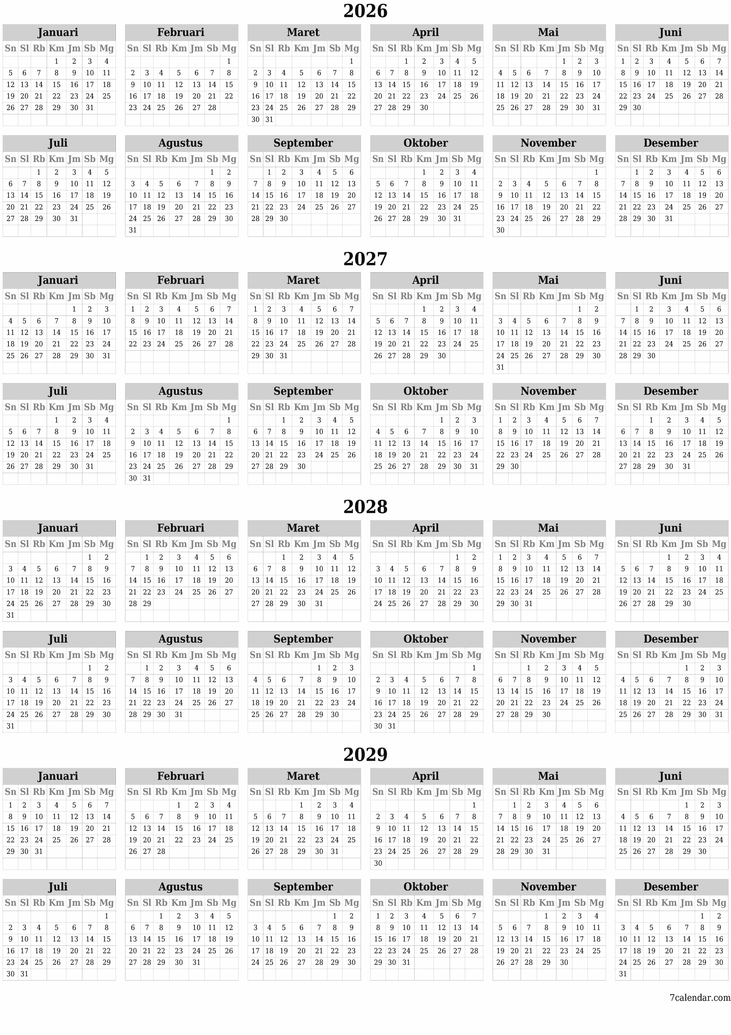 Kosongkan kalender perencana tahunan untuk tahun ini 2026, 2027, 2028, 2029 dengan catatan, simpan dan cetak ke PDF PNG Indonesian