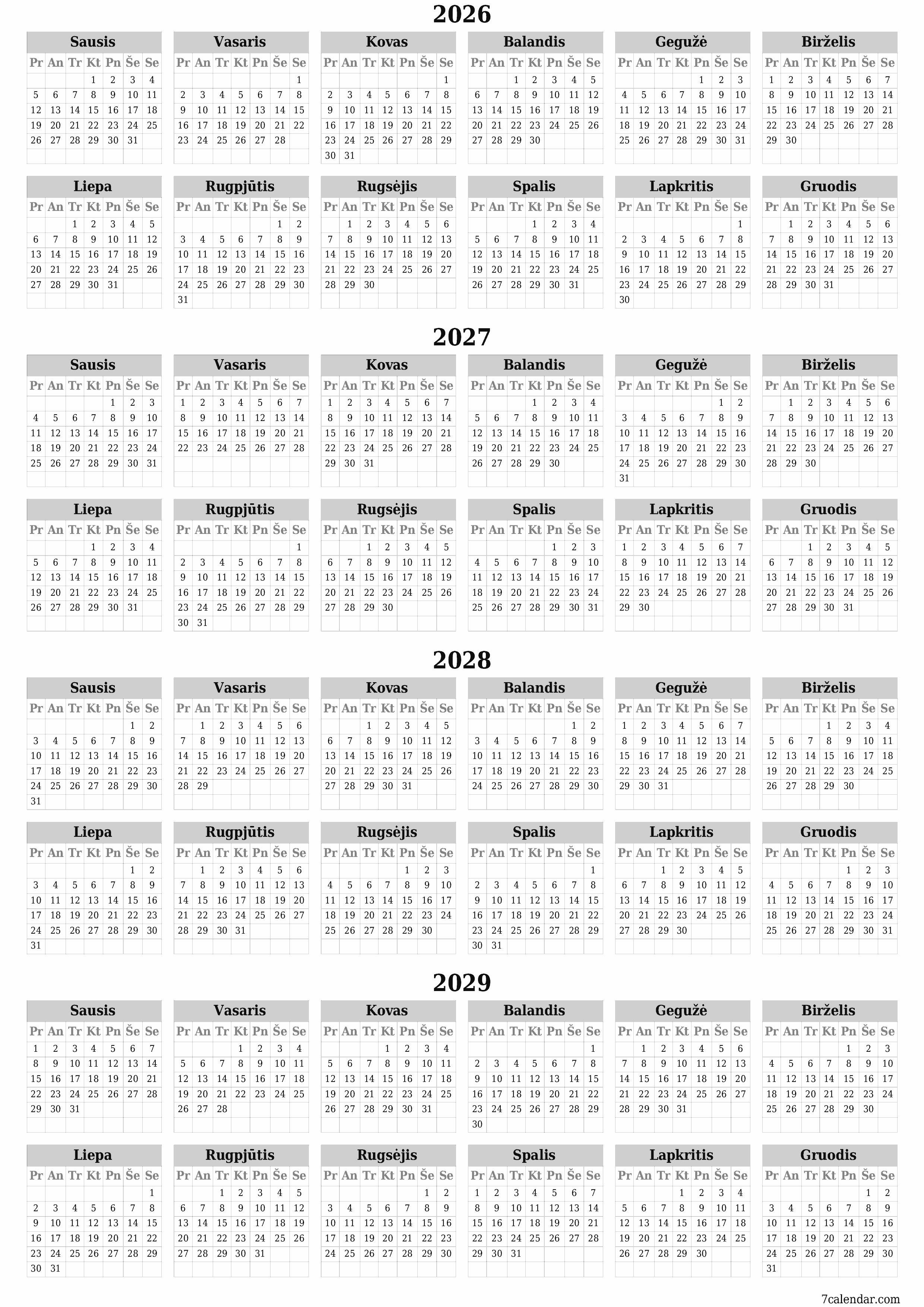 Tuščias metų planavimo kalendorius 2026, 2027, 2028, 2029 su užrašais, išsaugokite ir atsispausdinkite PDF formatu PNG Lithuanian