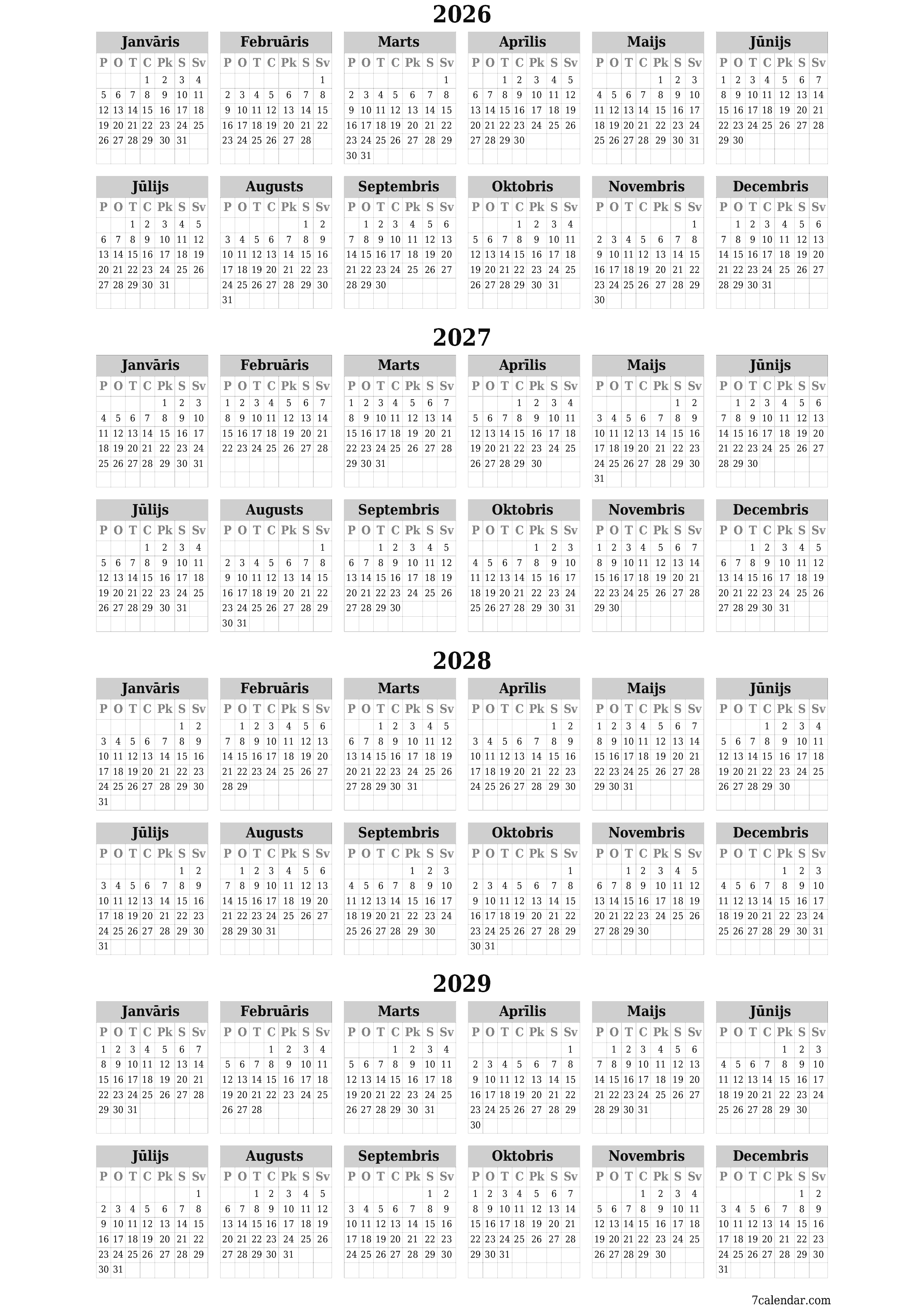 Tukšs gada plānotāja kalendārs gadam 2026, 2027, 2028, 2029 ar piezīmēm, saglabāšana un izdrukāšana PDF formātā PNG Latvian