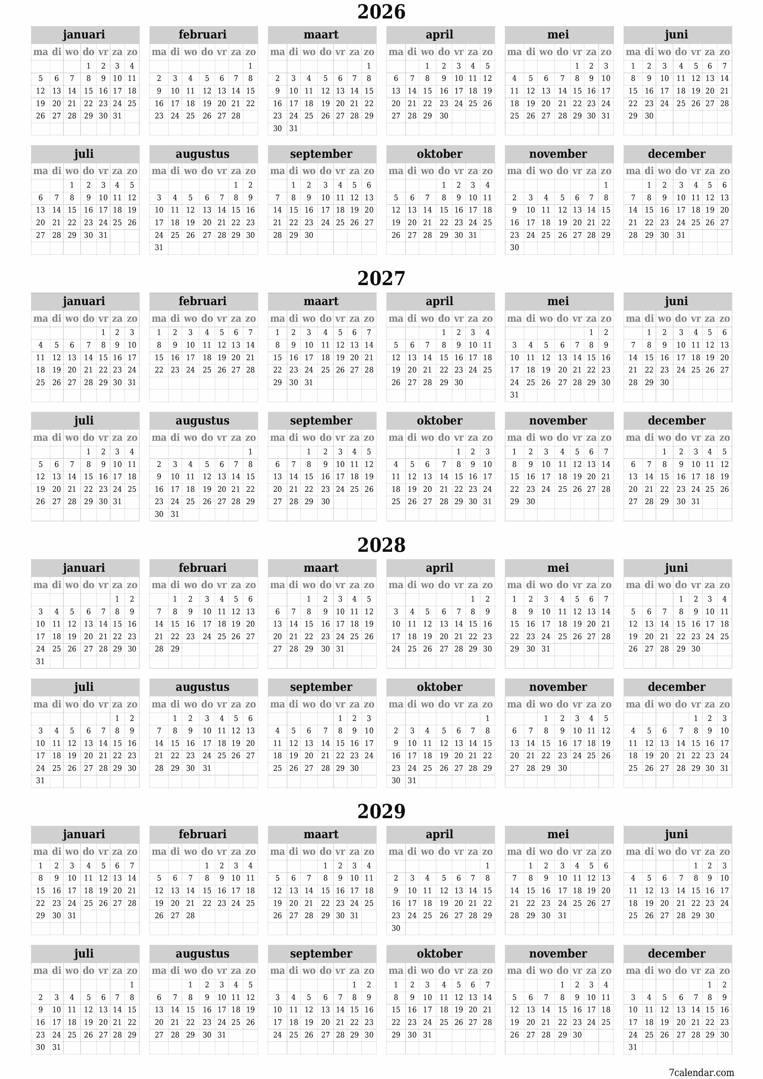 Lege jaarplanningskalender voor het jaar 2026, 2027, 2028, 2029 met notities, opslaan en afdrukken naar pdf PNG Dutch