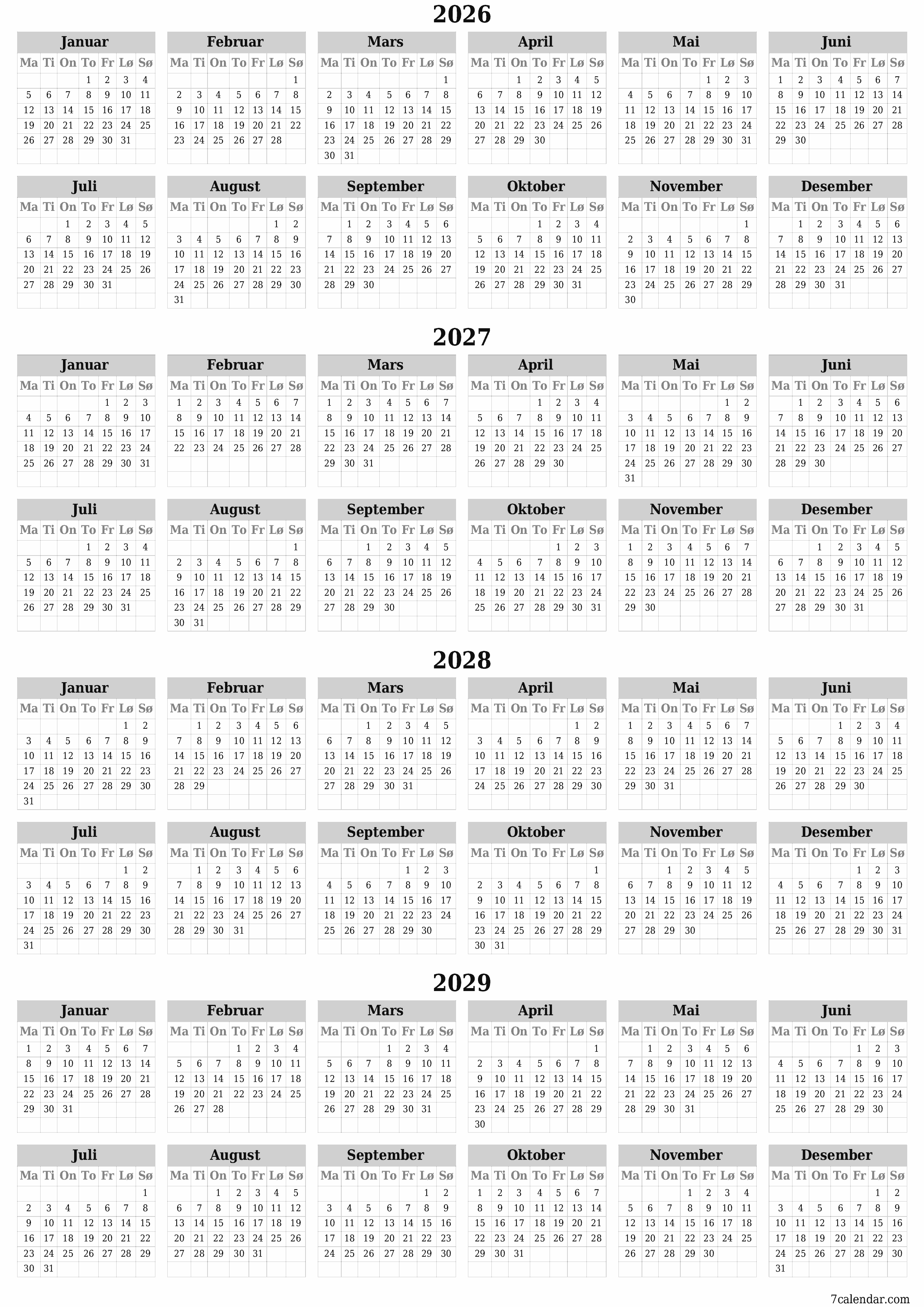 Tom årlig planleggerkalender for året 2026, 2027, 2028, 2029 med notater, lagre og skrive ut i PDF PNG Norwegian
