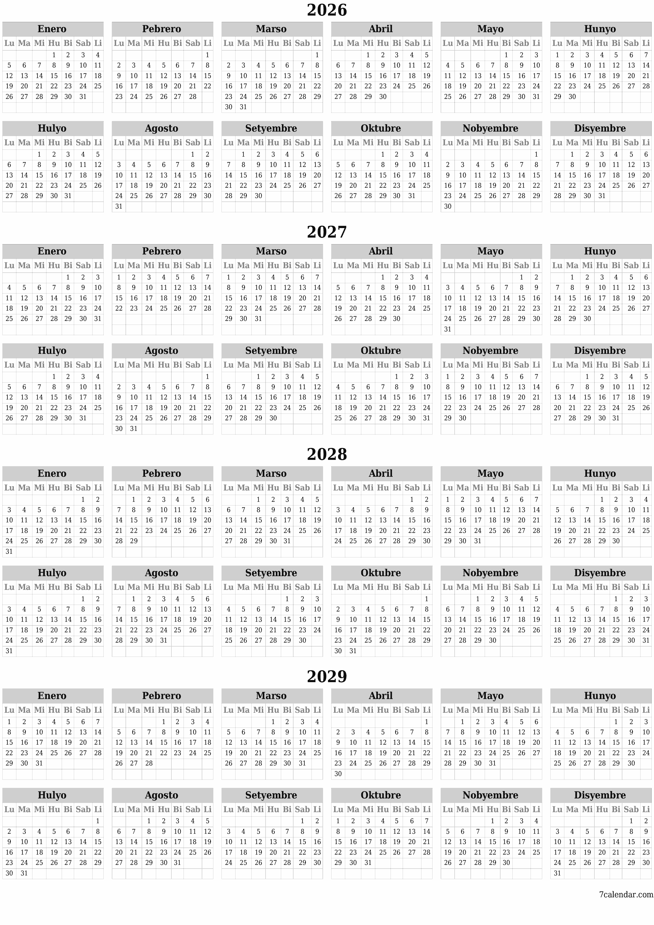 napi-print na sa dingding template ng libreng patayo Taunan kalendaryo Hunyo (Hun) 2026