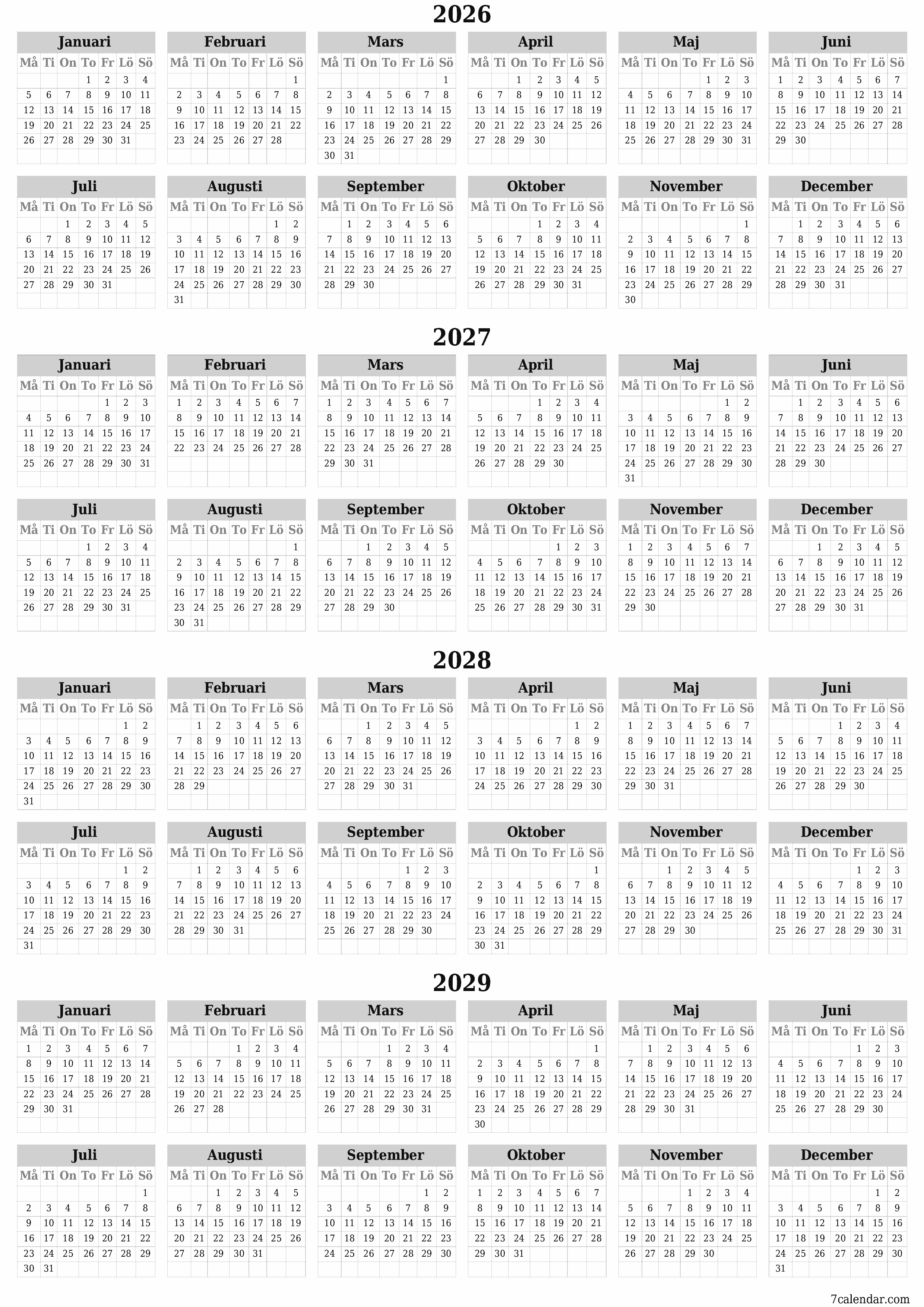 Tom årlig planeringskalender för året 2026, 2027, 2028, 2029 med anteckningar, spara och skriv ut till PDF PNG Swedish