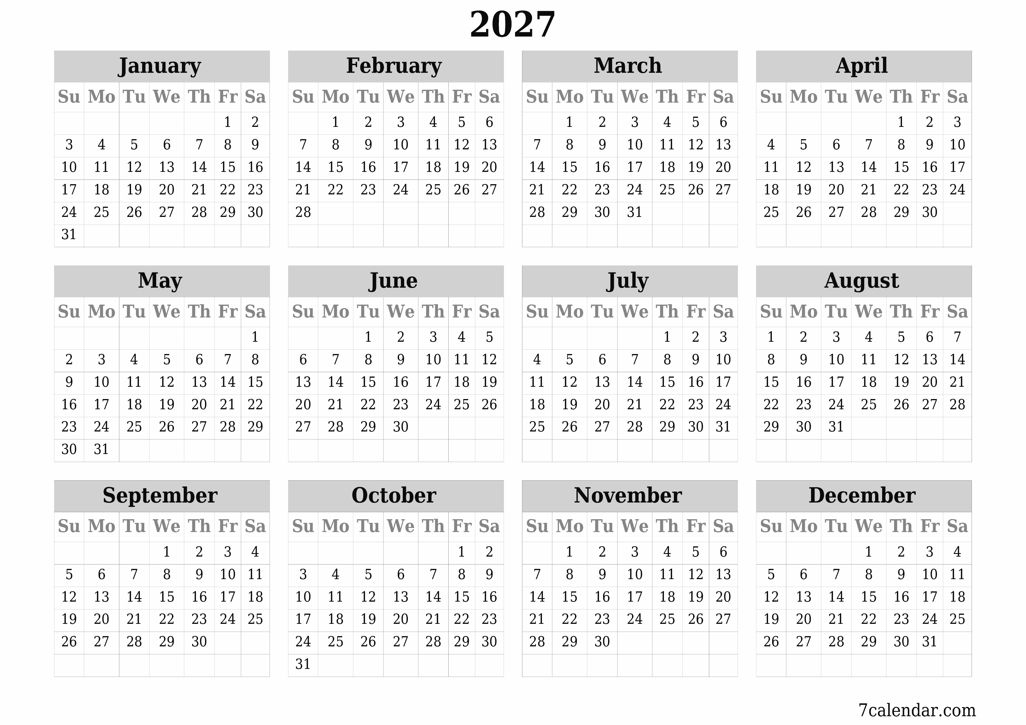 Blank calendar 2027