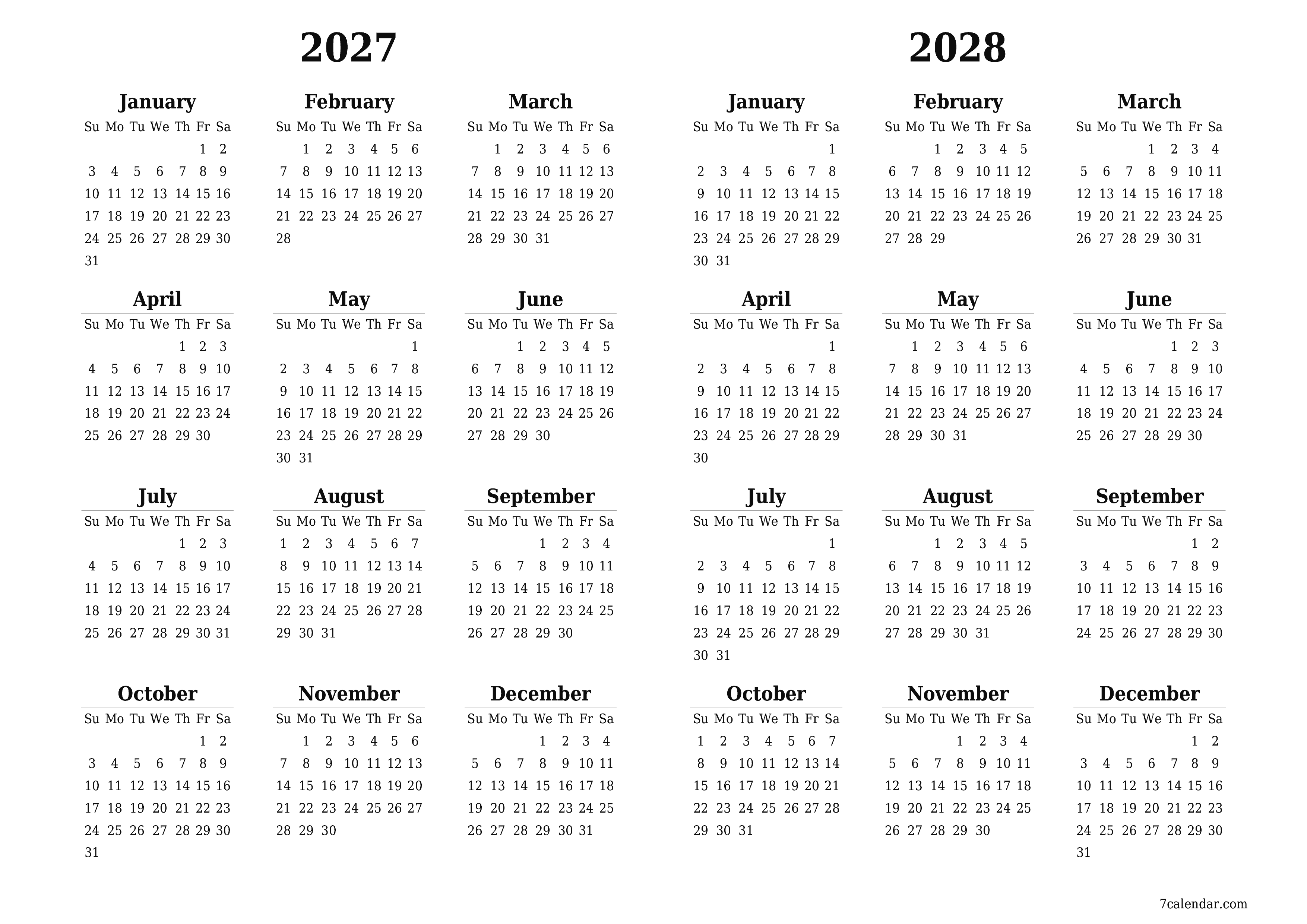 Blank calendar 2027, 2028