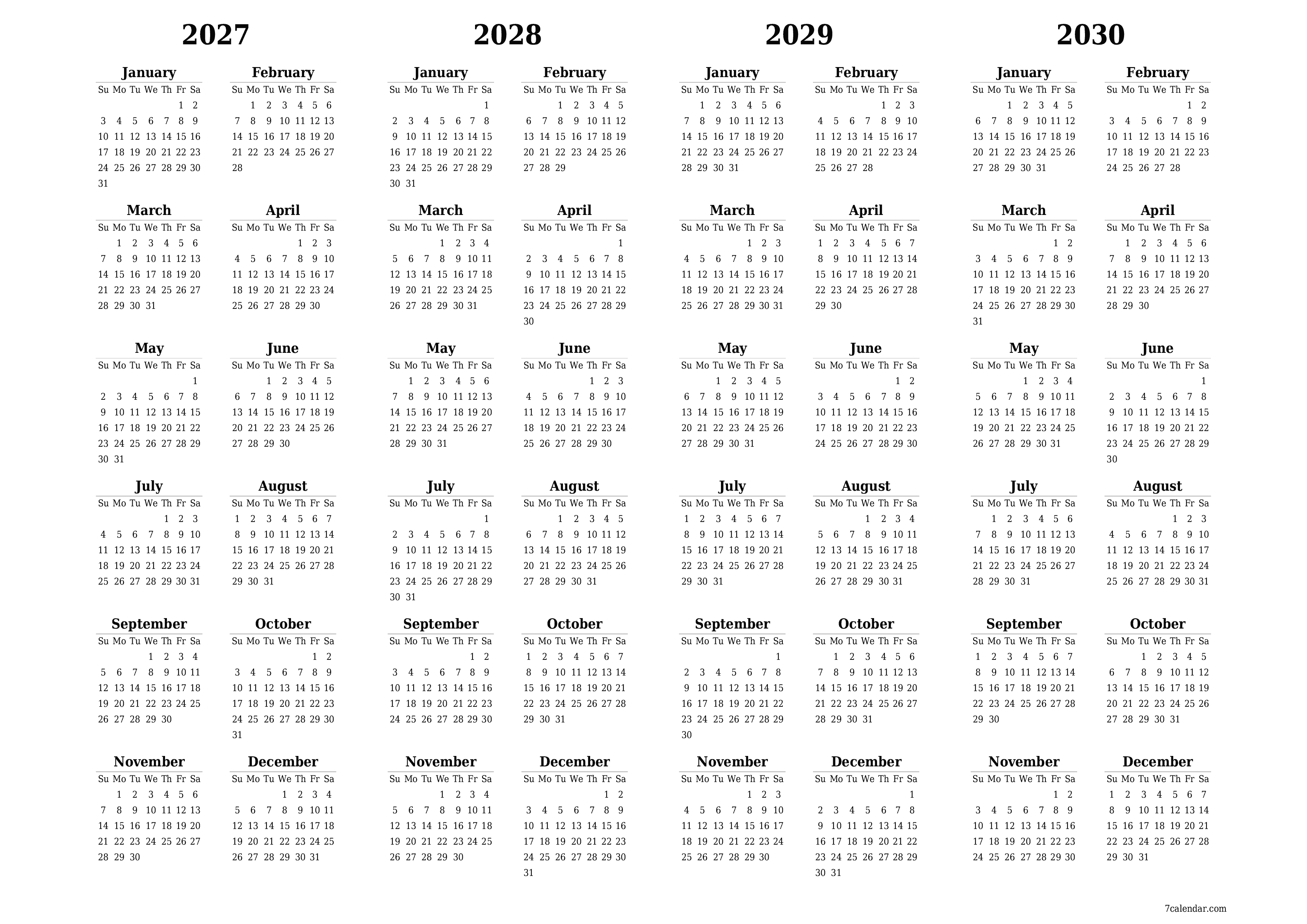 Blank calendar 2027, 2028, 2029, 2030