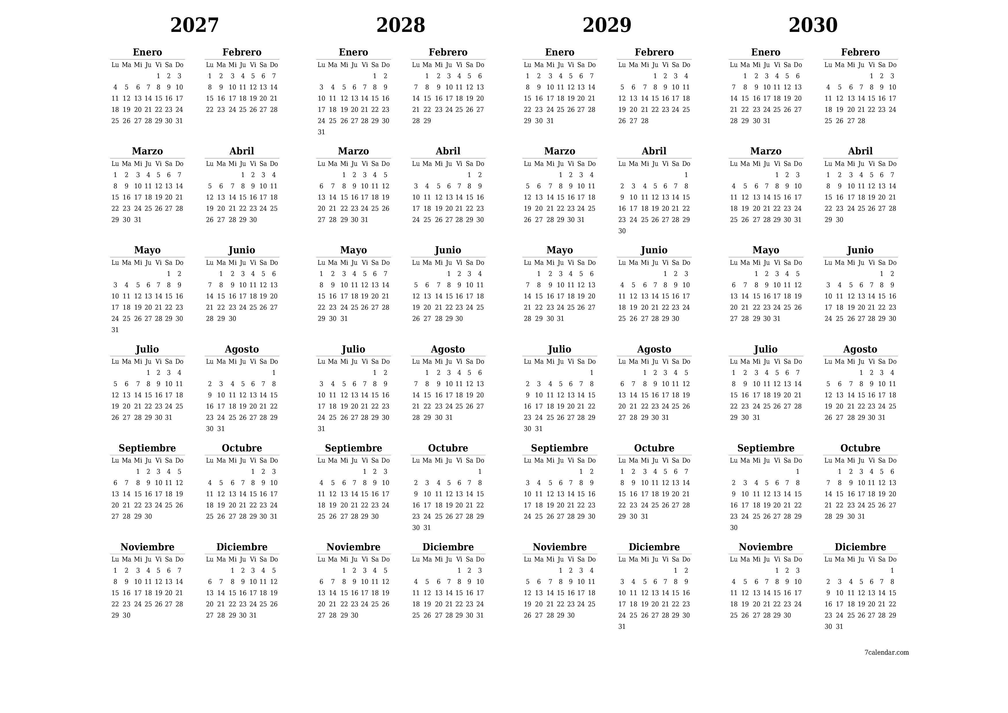 Calendario planificador anual vacío para el año 2027, 2028, 2029, 2030 con notas, guardar e imprimir en PDF PNG Spanish