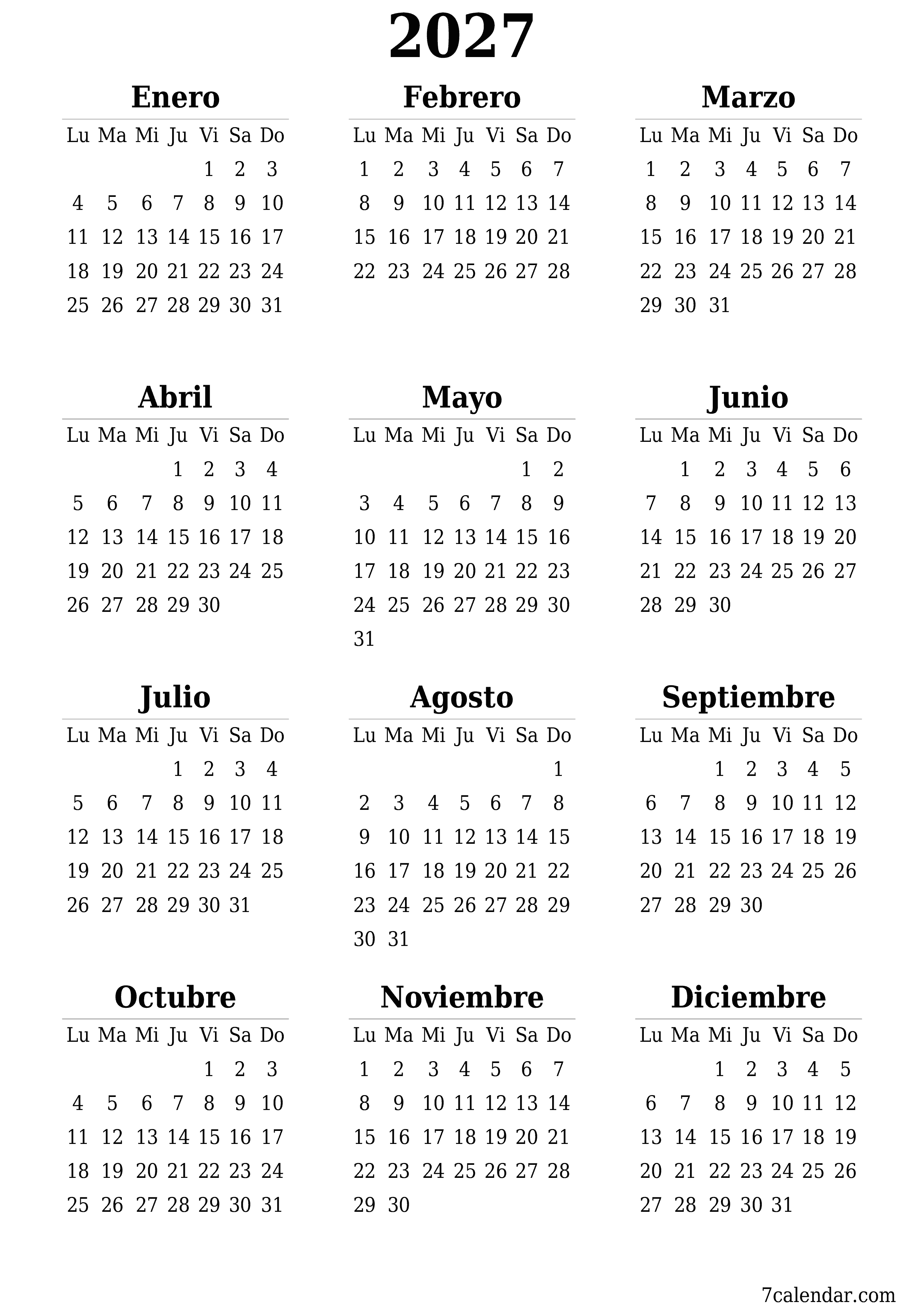 Calendario planificador anual vacío para el año 2027 con notas, guardar e imprimir en PDF PNG Spanish