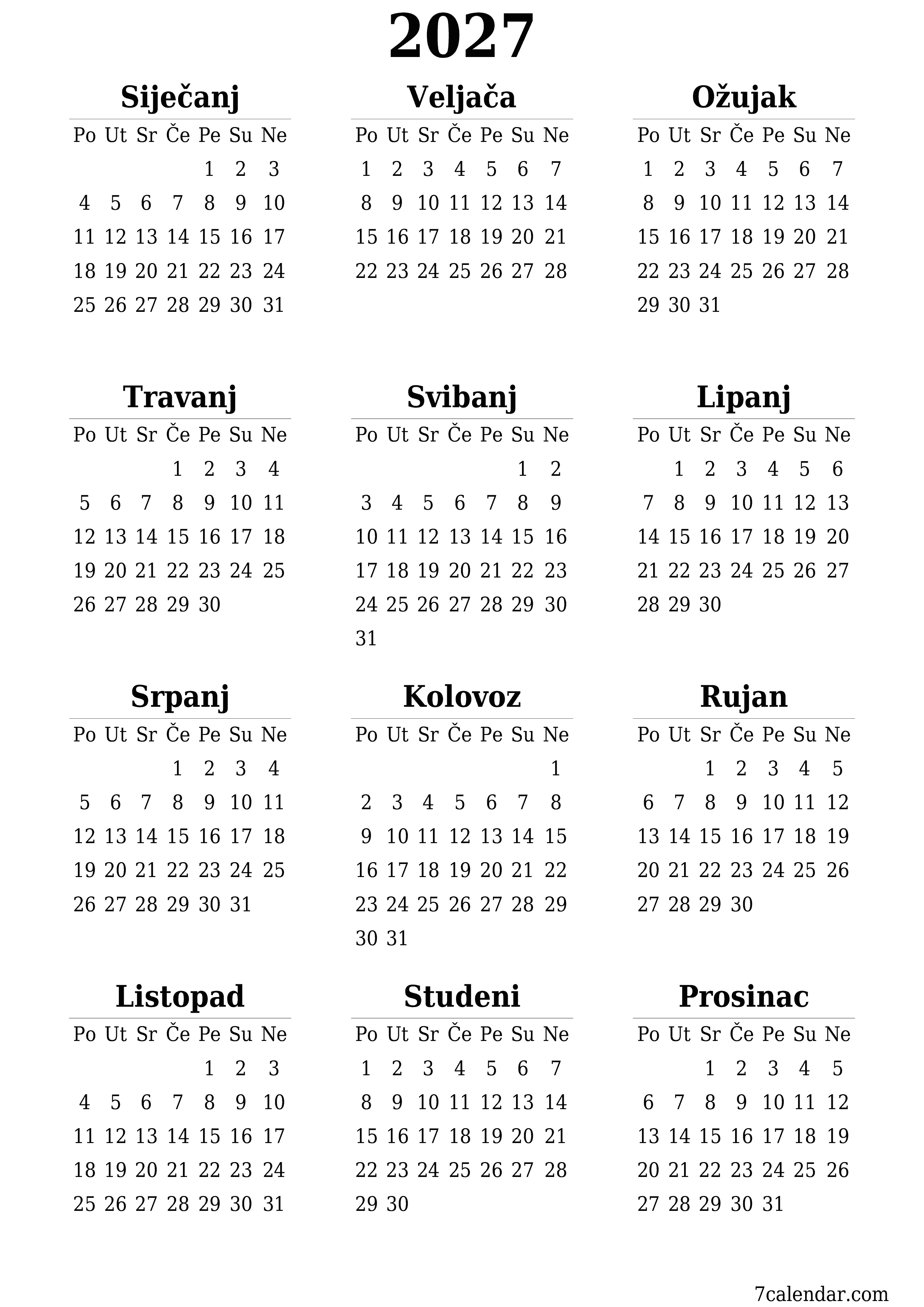 Ispraznite godišnji kalendar planera za godinu 2027 s bilješkama, spremite i ispišite u PDF PNG Croatian