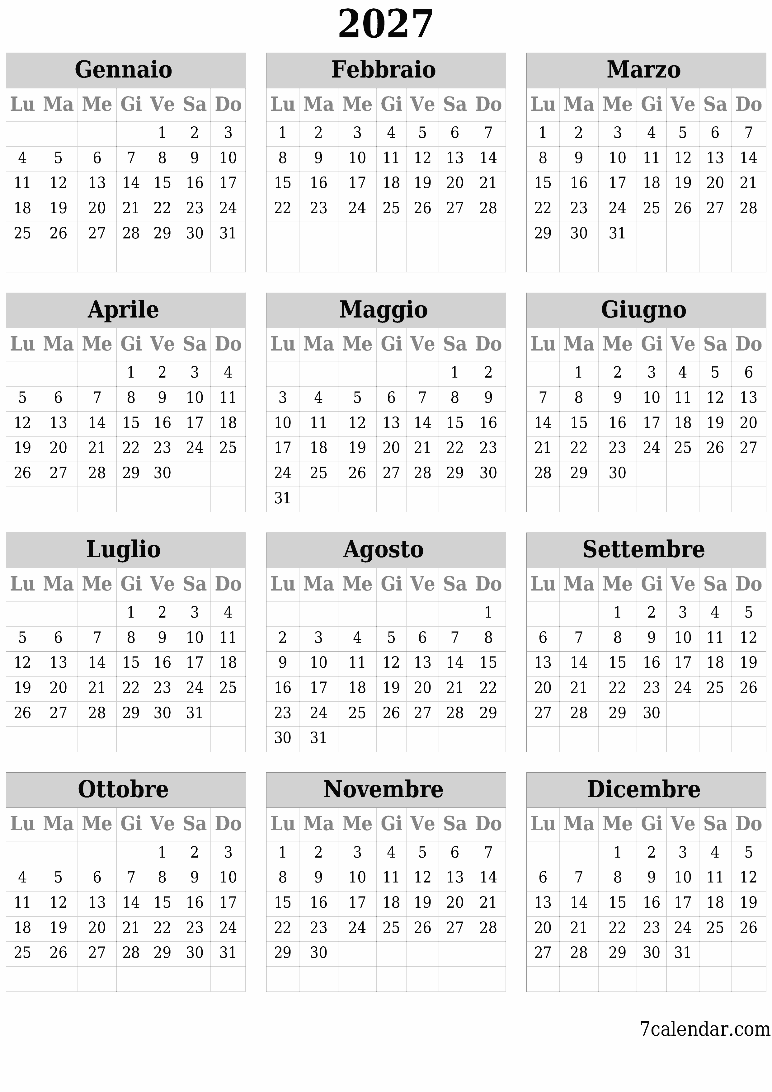 Calendario pianificatore annuale vuoto per l'anno 2027 con note, salva e stampa in PDF PNG Italian