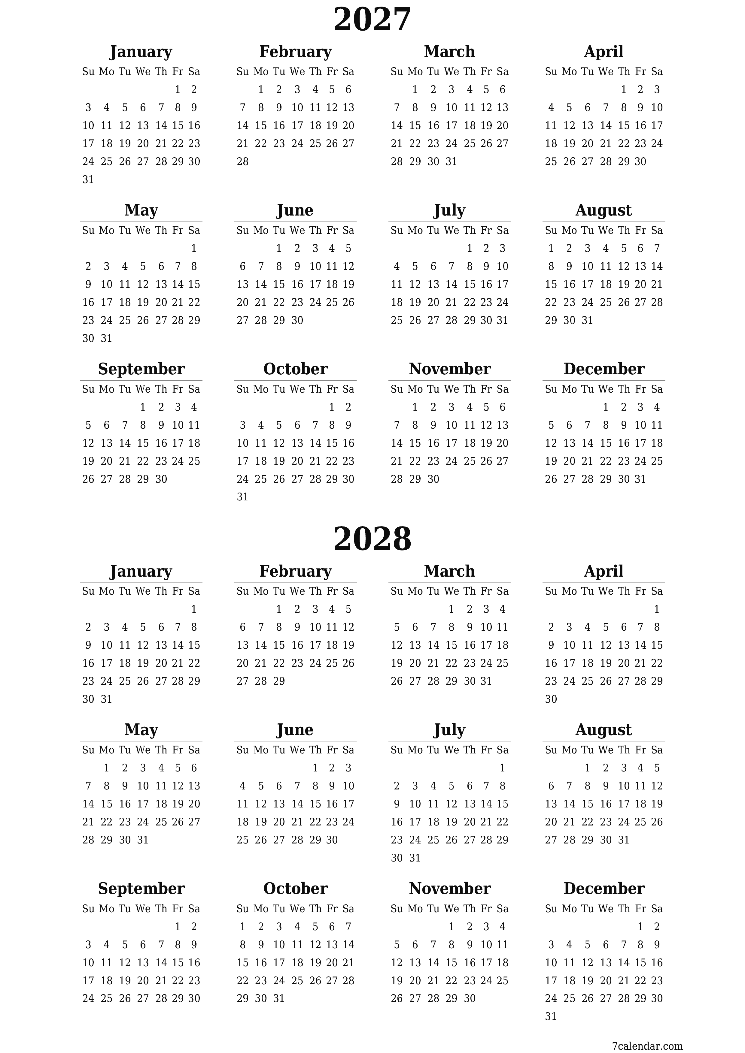 Blank calendar 2027, 2028