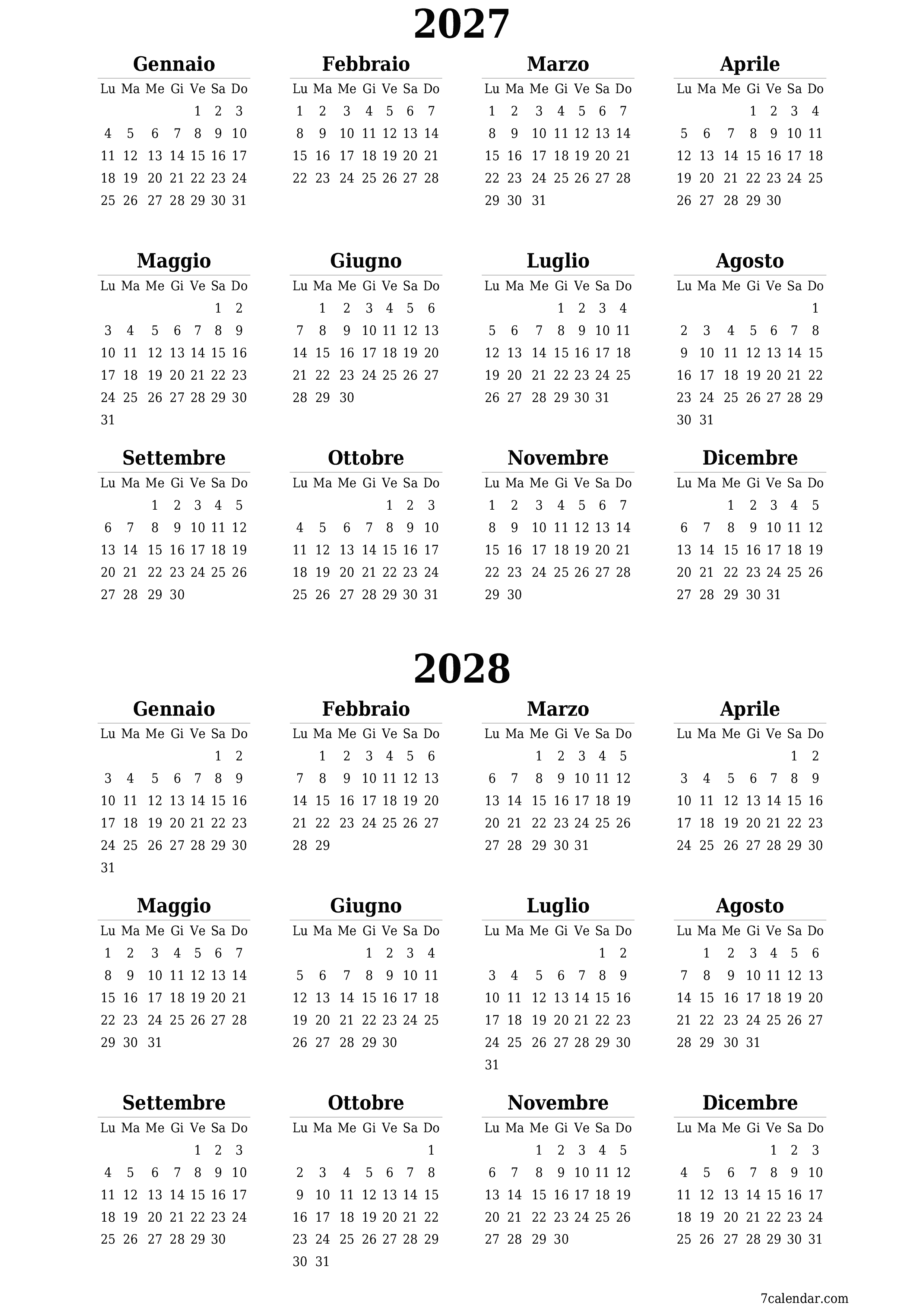 Calendario pianificatore annuale vuoto per l'anno 2027, 2028 con note, salva e stampa in PDF PNG Italian