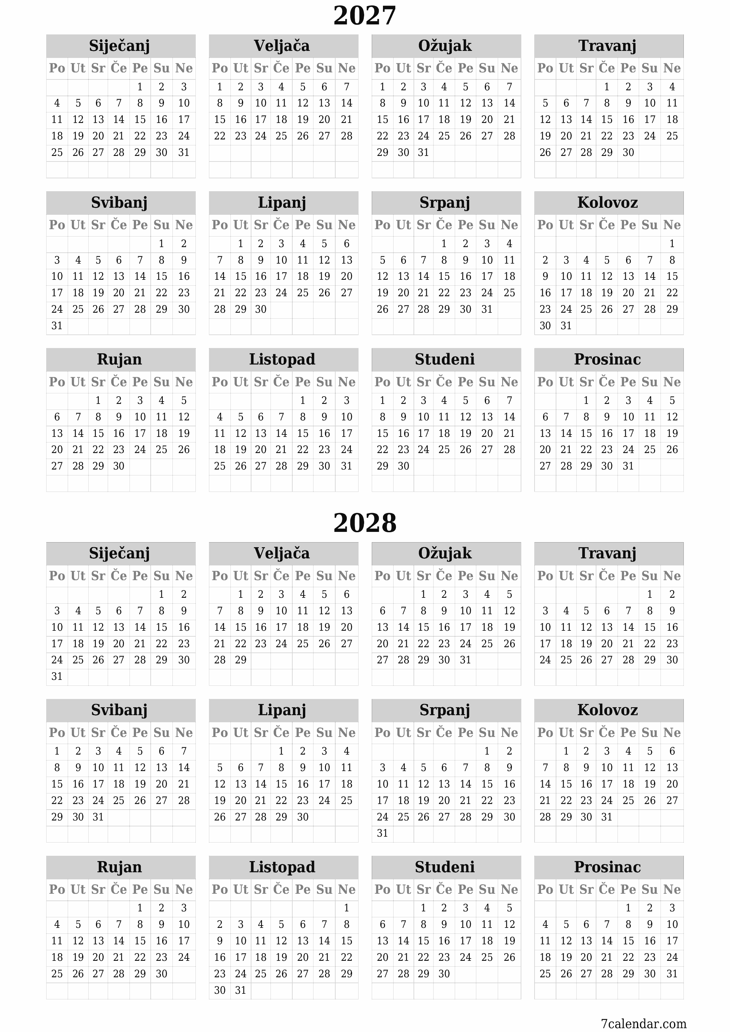 Ispraznite godišnji kalendar planera za godinu 2027, 2028 s bilješkama, spremite i ispišite u PDF PNG Croatian