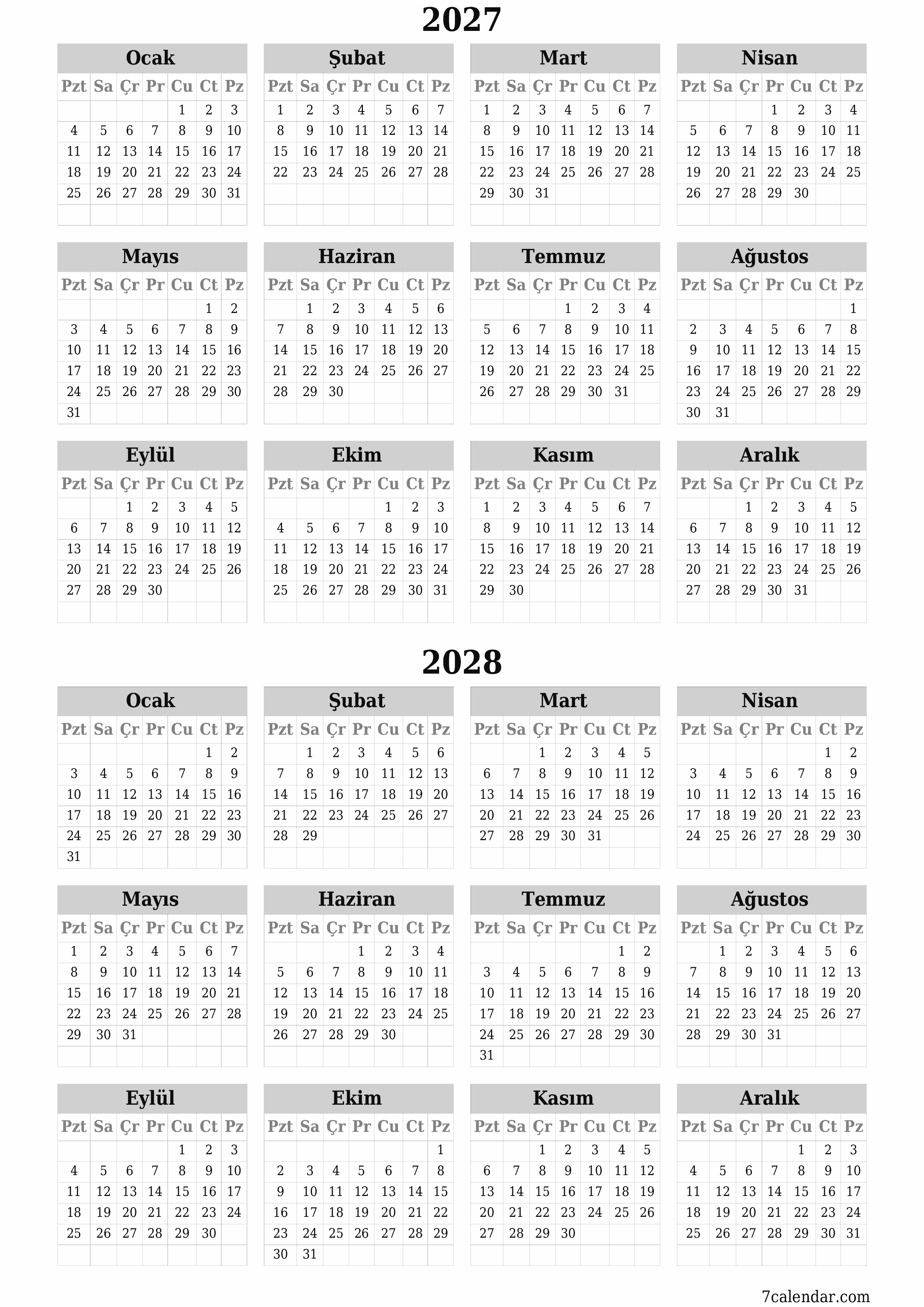 Notlarla 2027, 2028 yıl için yıllık planlayıcı takvimini boşaltın, kaydedin ve PDF olarak yazdırın PNG Turkish