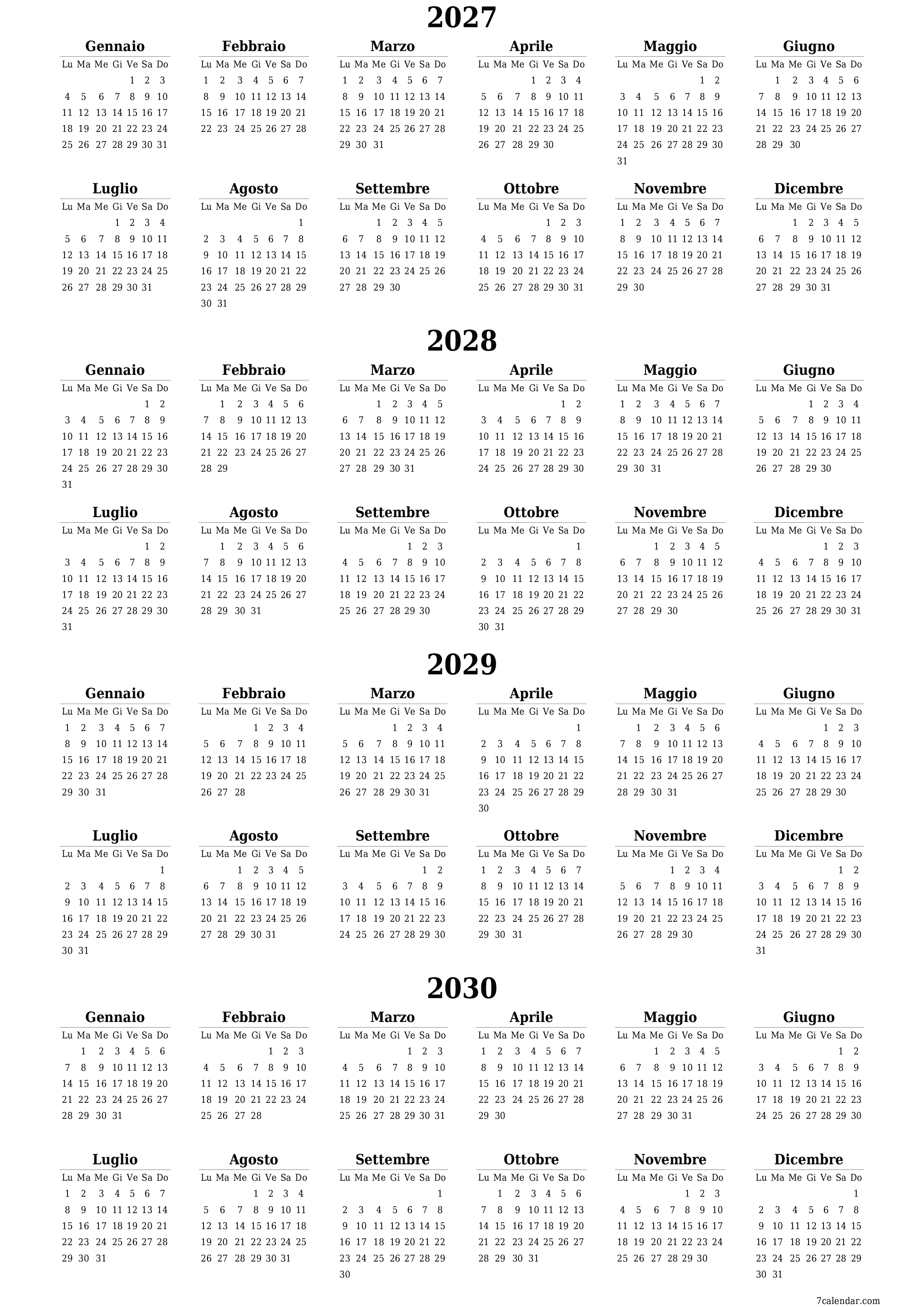 Calendario pianificatore annuale vuoto per l'anno 2027, 2028, 2029, 2030 con note, salva e stampa in PDF PNG Italian