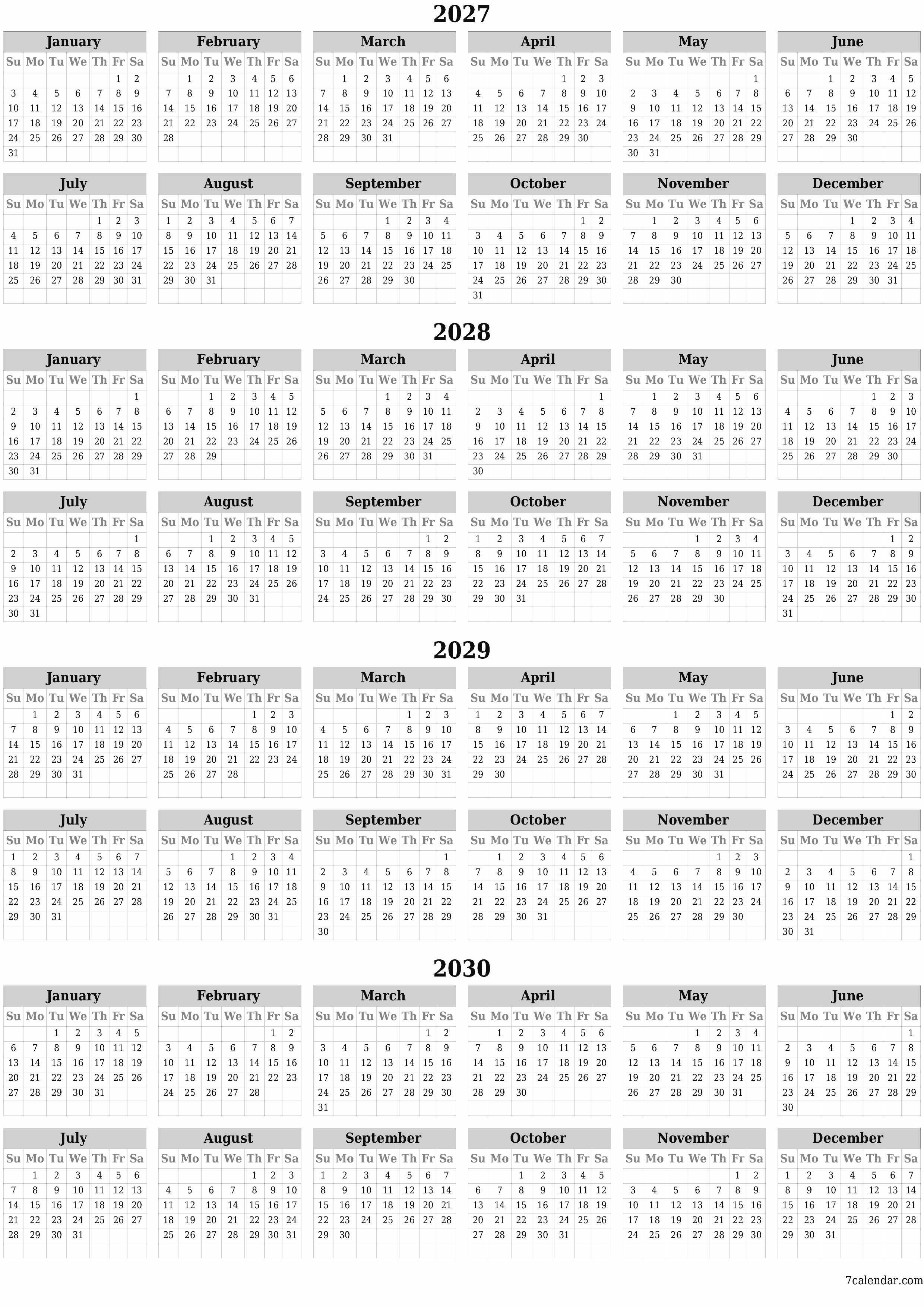 Blank calendar 2027, 2028, 2029, 2030