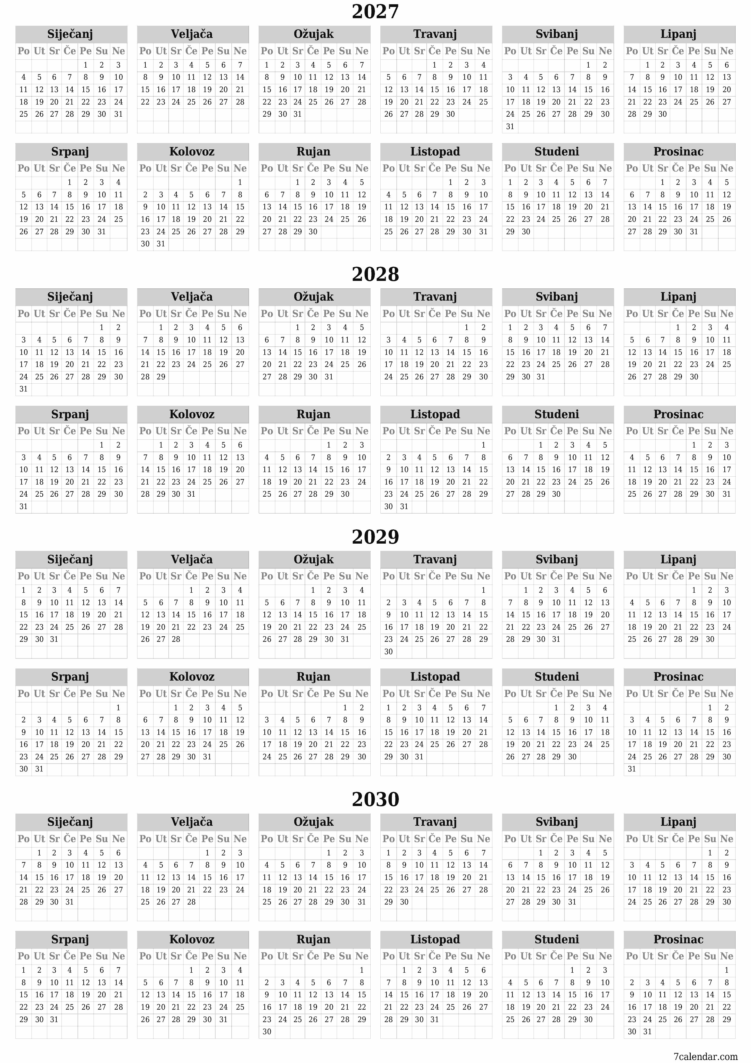 Ispraznite godišnji kalendar planera za godinu 2027, 2028, 2029, 2030 s bilješkama, spremite i ispišite u PDF PNG Croatian