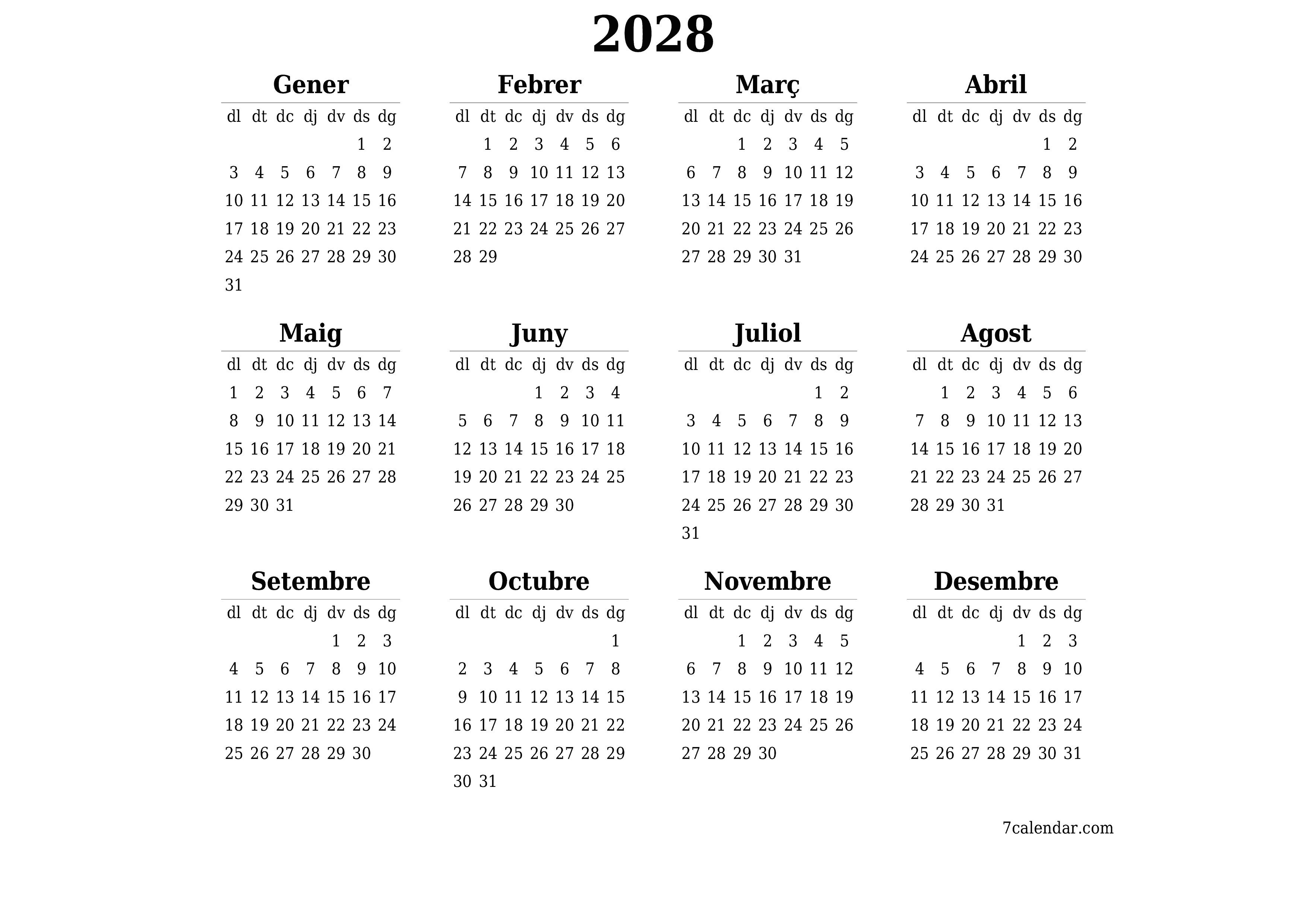  imprimible de paret plantilla de gratuïthoritzontal Anual calendari Abril (Abr) 2028