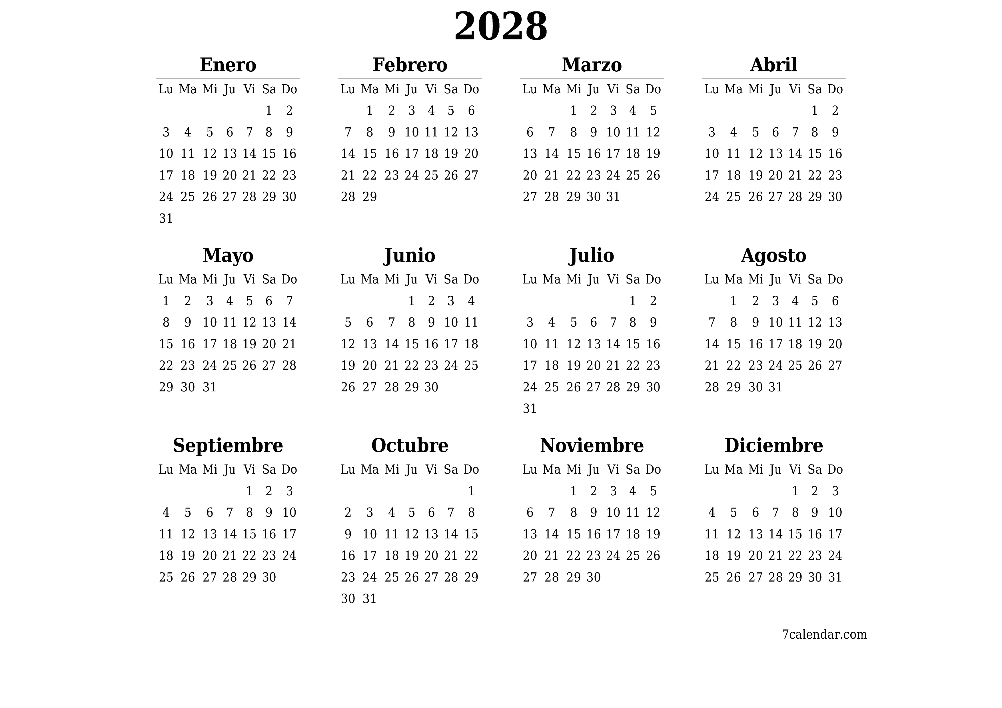 Calendario planificador anual vacío para el año 2028 con notas, guardar e imprimir en PDF PNG Spanish