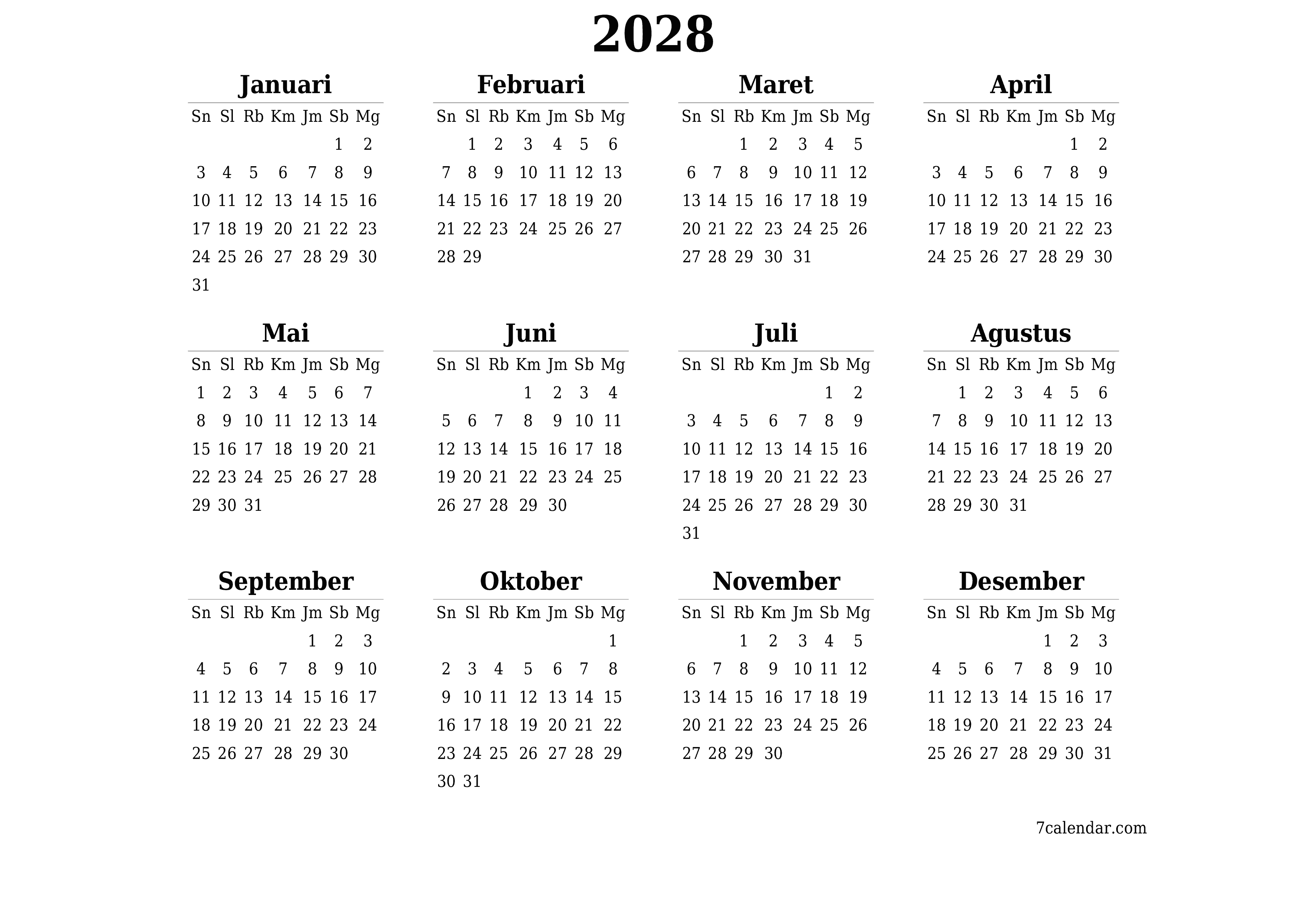  yang dapat dicetak dinding templat gratishorisontal Tahunan kalender April (Apr) 2028