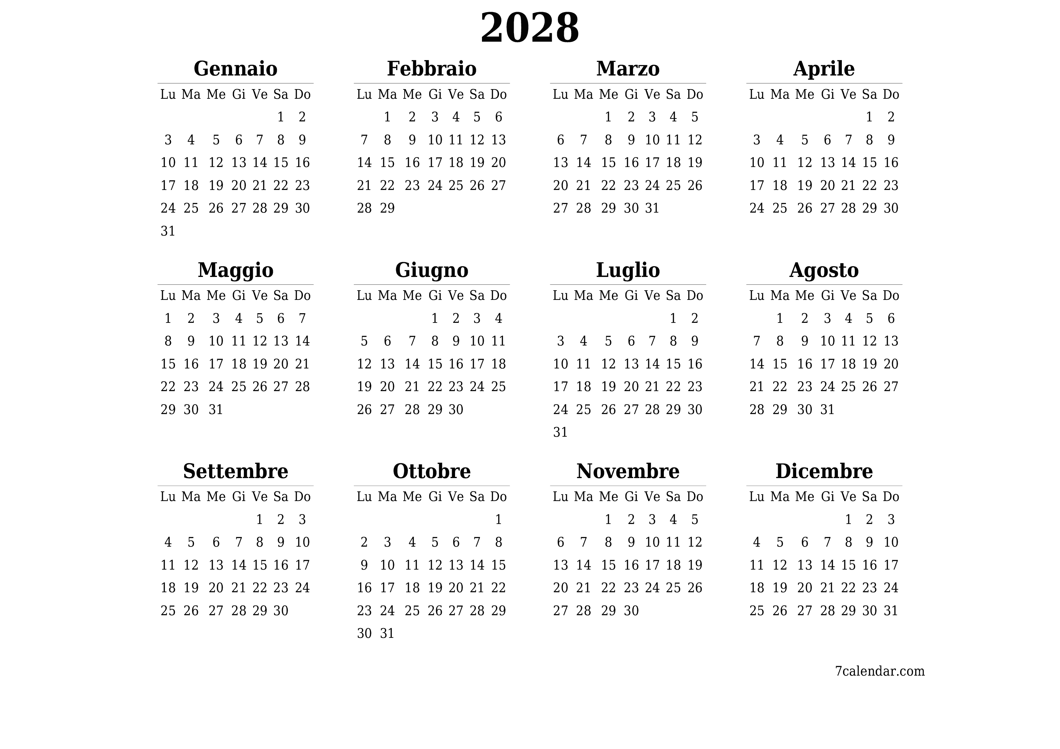 Calendario pianificatore annuale vuoto per l'anno 2028 con note, salva e stampa in PDF PNG Italian