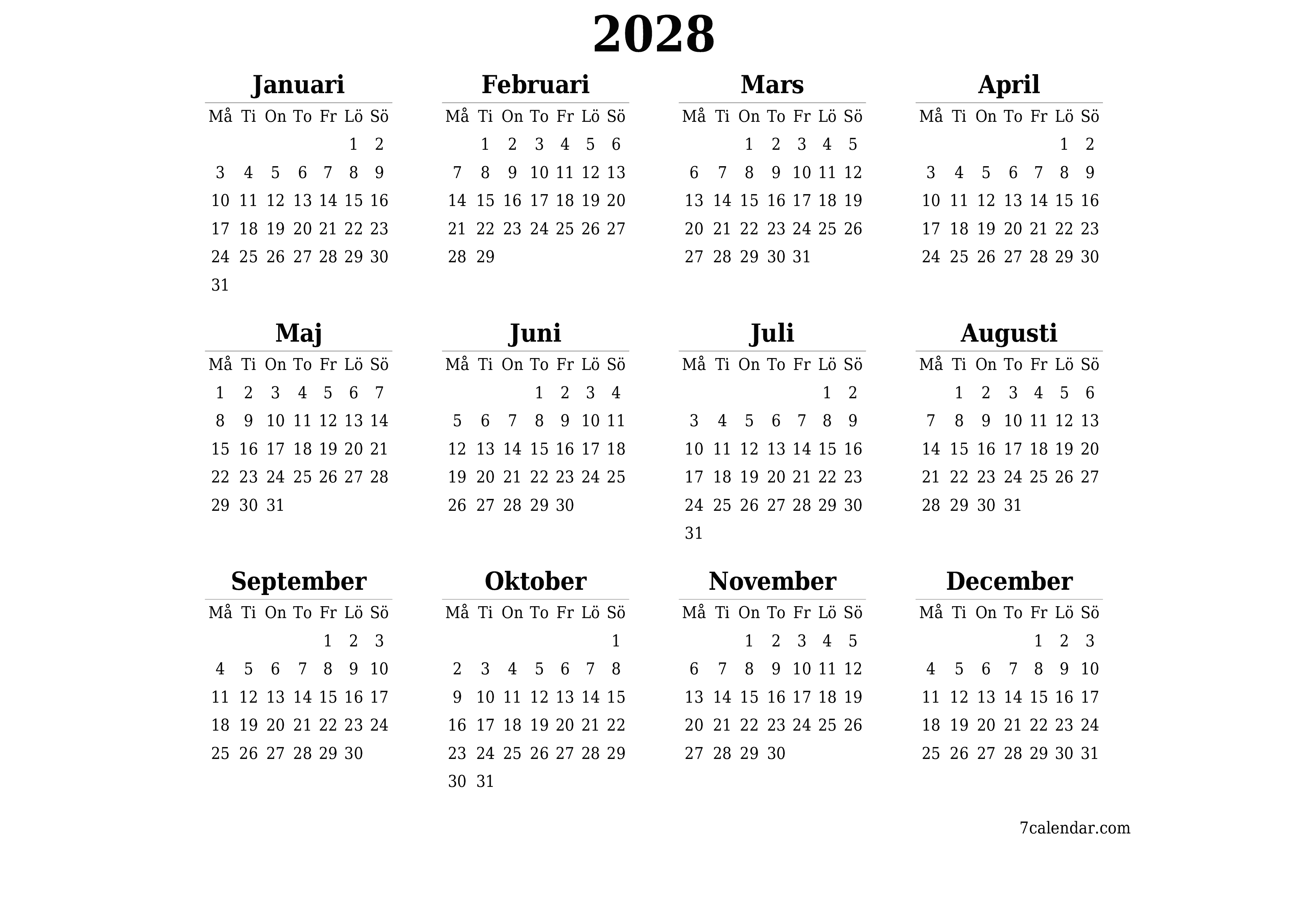 Tom årlig planeringskalender för året 2028 med anteckningar, spara och skriv ut till PDF PNG Swedish